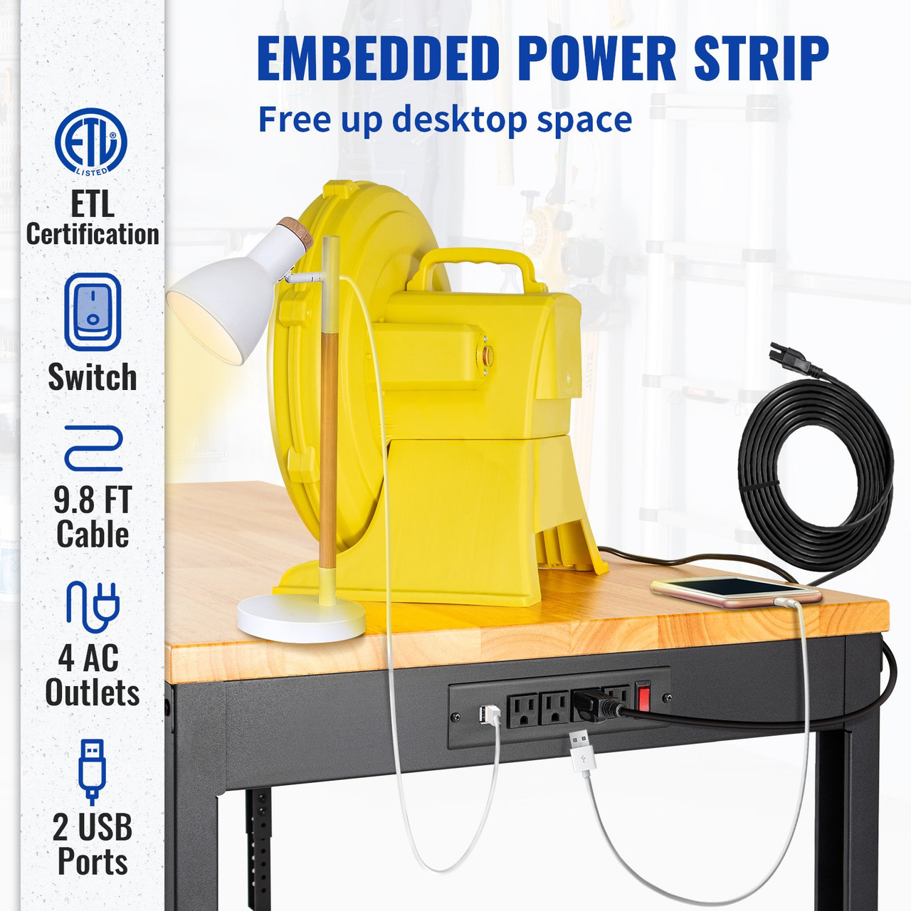 Workbench Adjustable Height, 48" L X 20" W X 38.1" H Garage Table w/ 28.3" - 38.1" Heights & 2000 LBS Load Capacity, with Power Outlets & Hardwood Top & Metal Frame & Foot Pads, for Office Home