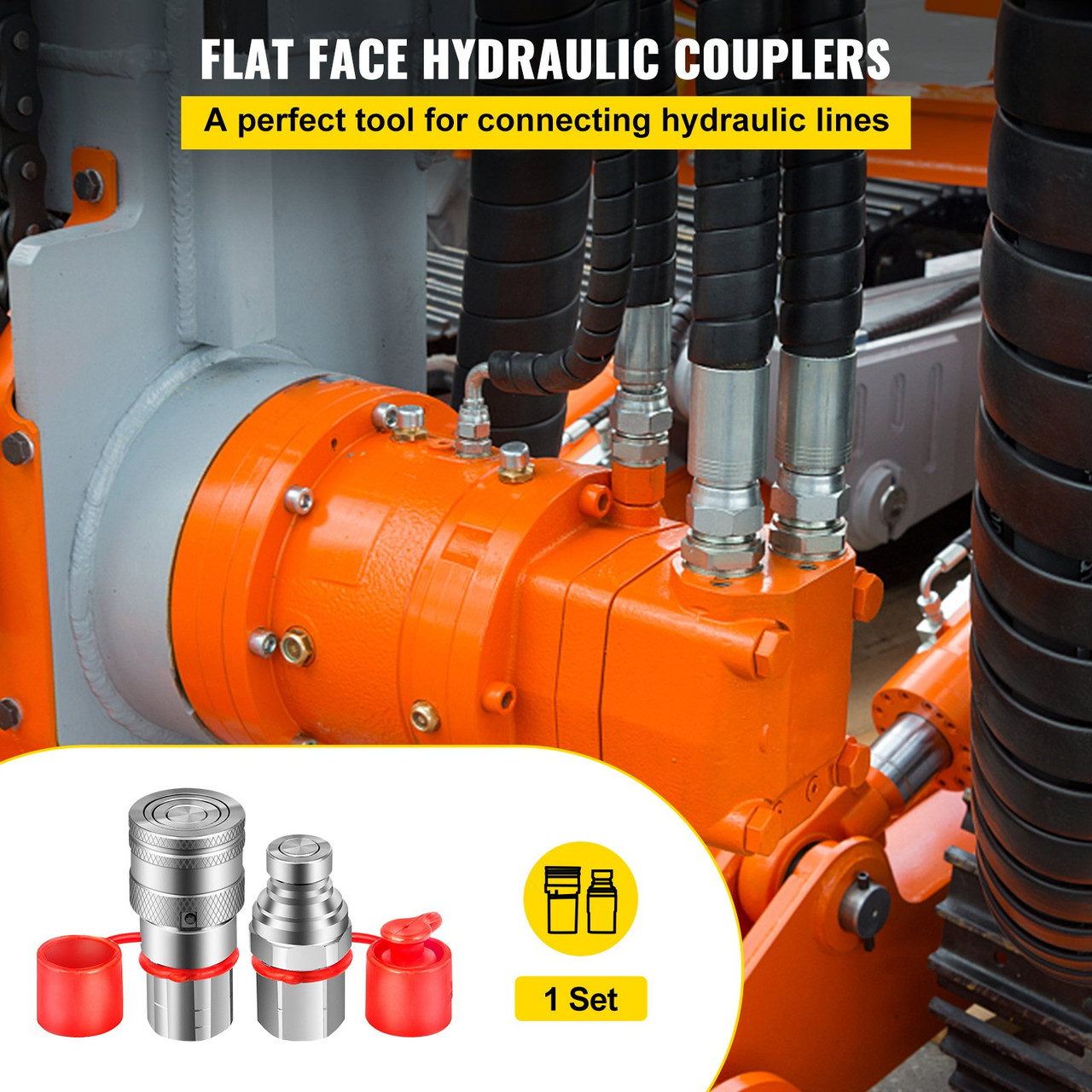 Flat Face Hydraulic Couplers 1/2'' Body 1/2'' NPT Thread, Skid Steer Quick Connect Coupling, 4061 PSI Hydraulic Fittings, Pioneer Hydraulic Couplers