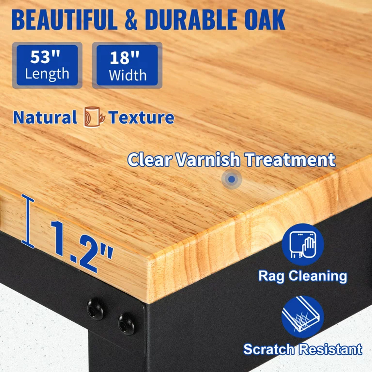Workbench Adjustable Height, 53" L X 18" W X 38.3" H Garage Table w/ 28.5" - 38.3" Heights & 2000 LBS Load Capacity, with Power Outlets & Hardwood