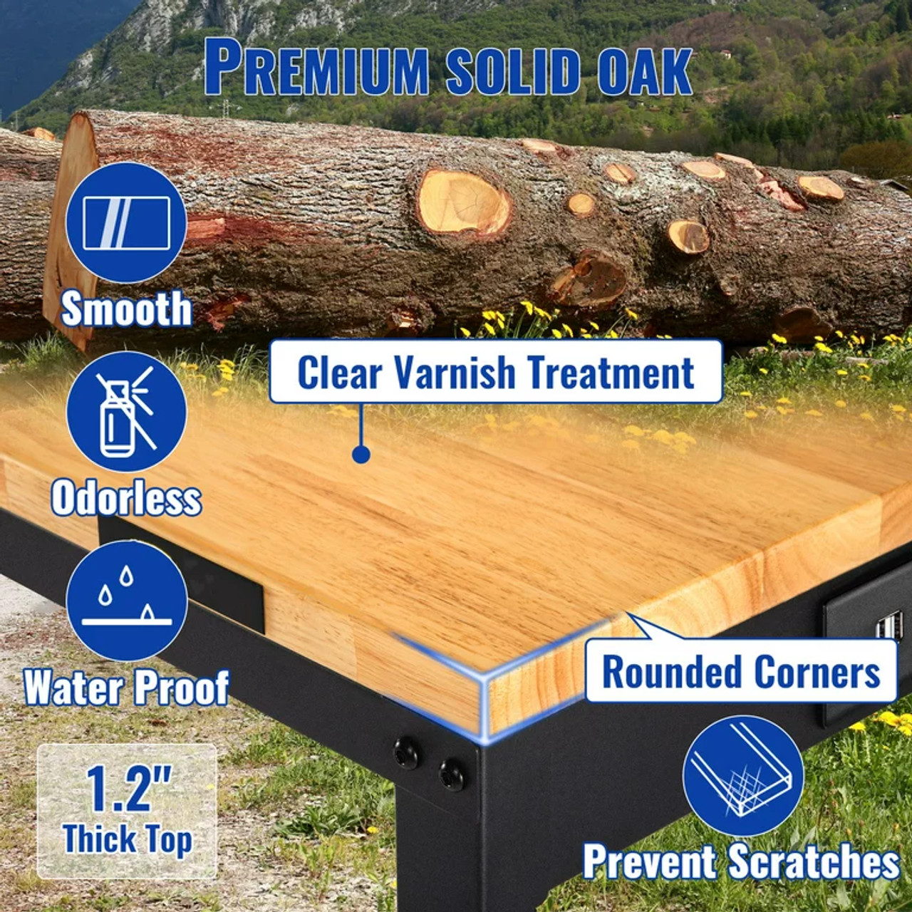 Workbench Adjustable Height, 53" L X 18" W X 38.3" H Garage Table w/ 28.5" - 38.3" Heights & 2000 LBS Load Capacity, with Power Outlets & Hardwood