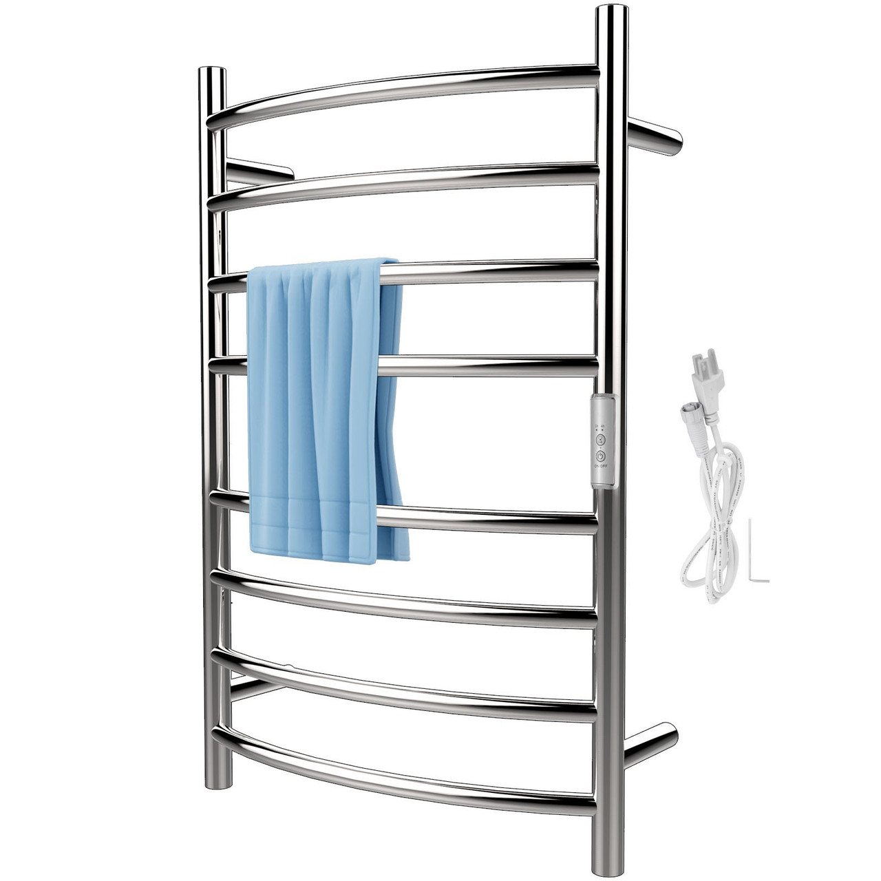 Heated Towel Rack, 8 Bars Curved Design, Mirror Polished Stainless Steel Electric Towel Warmer with Built-in Timer, Wall-Mounted for Bathroom, Plug-in/Hardwired, UL Certificated, Silver
