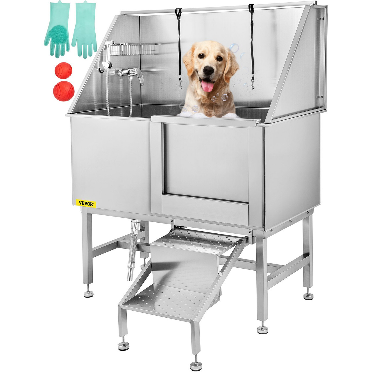 VEVOR 50 inch Dog Grooming Tub Professional Stainless Steel Pet Dog Bath Tub with Steps Faucet & Accessories Dog Washing Station Right Door