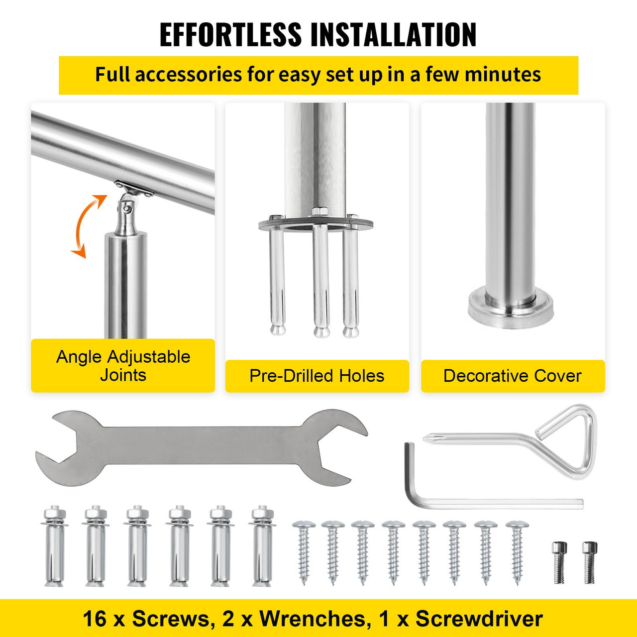 Stainless Steel Handrail 551LBS Load Handrail for Outdoor Steps 55x34" Outdoor Stair Railing Silver Stair Handrail Transitional Range from 0 to 90ÃƒÂ¸