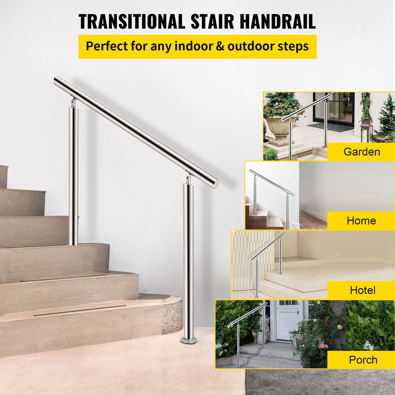 Stainless Steel Handrail 551LBS Load Handrail for Outdoor Steps 55x34" Outdoor Stair Railing Silver Stair Handrail Transitional Range from 0 to 90Ã¸