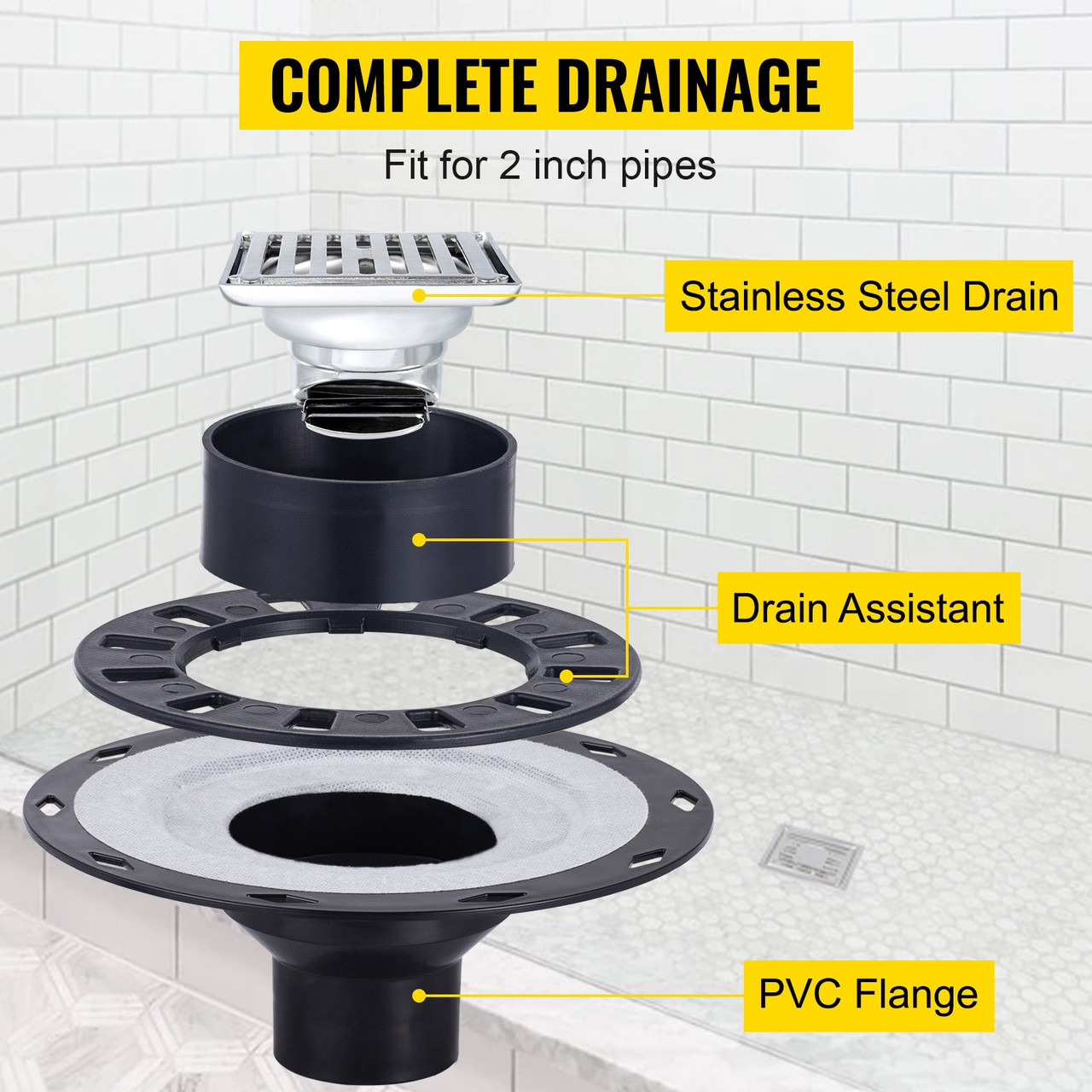 Shower Curb Kit, 38"x60" Watertight Shower Curb Overlay with 4" PVC Central Bonding Flange, 4" Stainless Steel Grate, 2 Cuttable Shower Curb and Trowel, Shower Pan Slope Sticks Fit for Bathroom