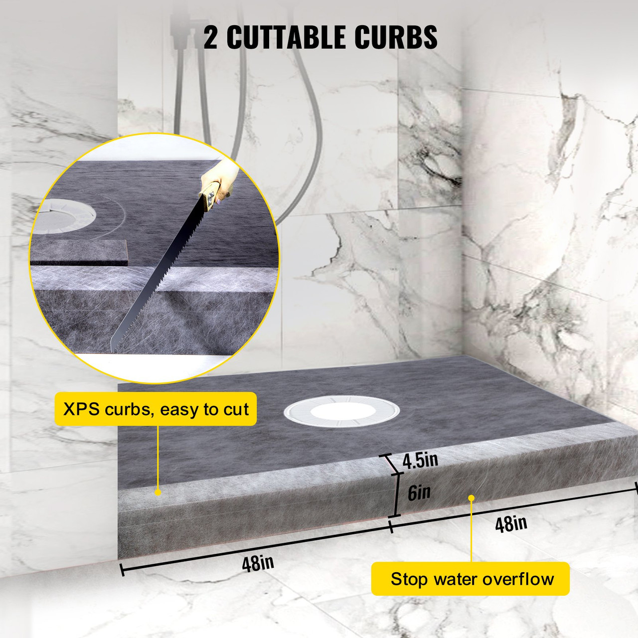 Shower Curb Kit, 48"x72" Watertight Shower Curb Overlay with 4" ABS Central Bonding Flange, 4" Stainless Steel Grate, 2 Cuttable Shower Curb and Trowel, Shower Pan Slope Sticks Fit for Bathroom