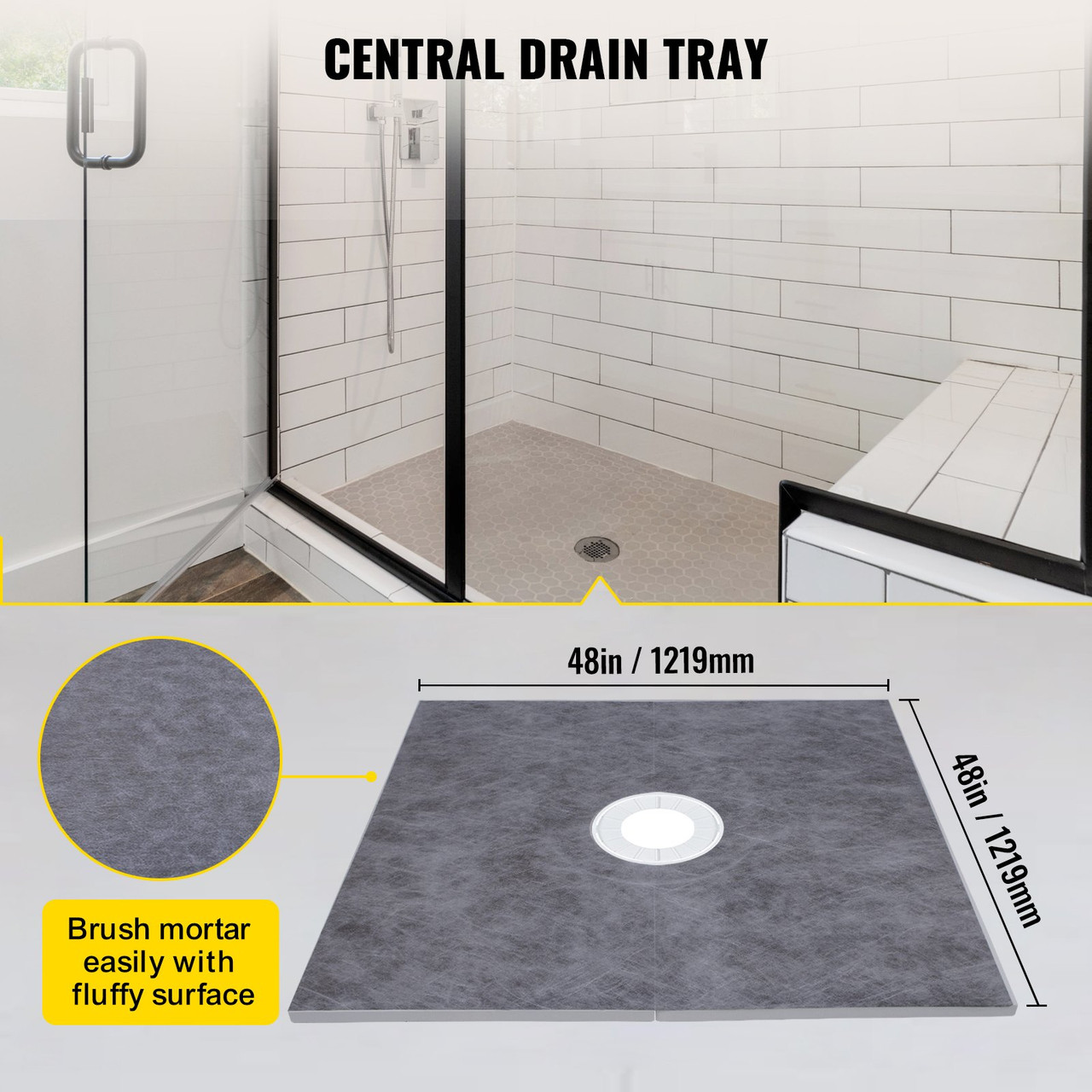 Shower Curb Kit, 48"x48" Watertight Shower Curb Overlay with 4" ABS Central Bonding Flange, 4" Stainless Steel Grate, 2 Cuttable Shower Curb and Trowel, Shower Pan Slope Sticks Fit for Bathroom