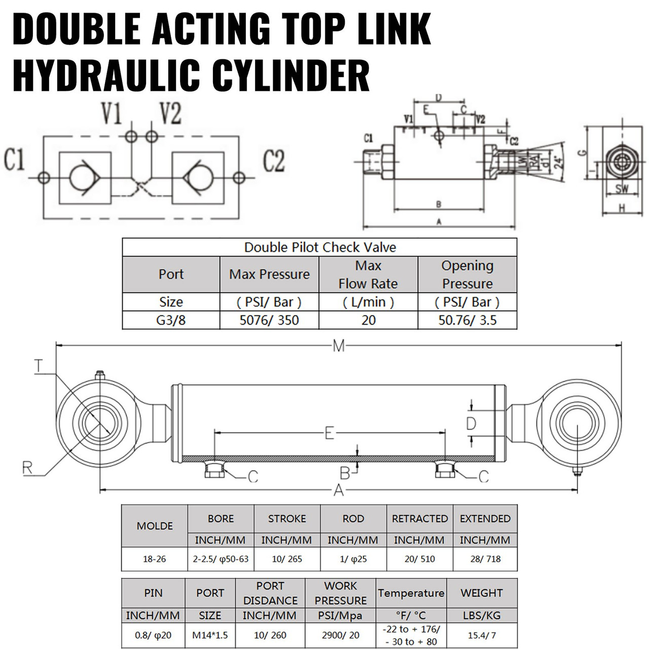 Double Acting Hydraulic Cylinder 2? Bore, Top Link Hydraulic Cylinder 10? Stroke, Retracted 20" Extended 28? Hydraulic Side Link Swivel Eye Bearing w/ Check Valve for Tractors, Category 1, 2