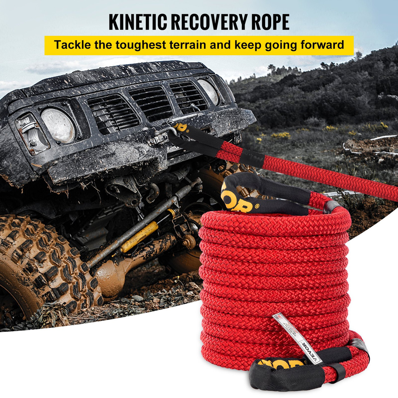 7/8" x 31.5' Kinetic Recovery Rope, 29,300 lbs, Heavy Duty Nylon Double Braided Kinetic Energy Rope w/ Loops and Protective Sleeves, for Truck Off-Road Vehicle ATV UTV, Carry Bag Included, Red