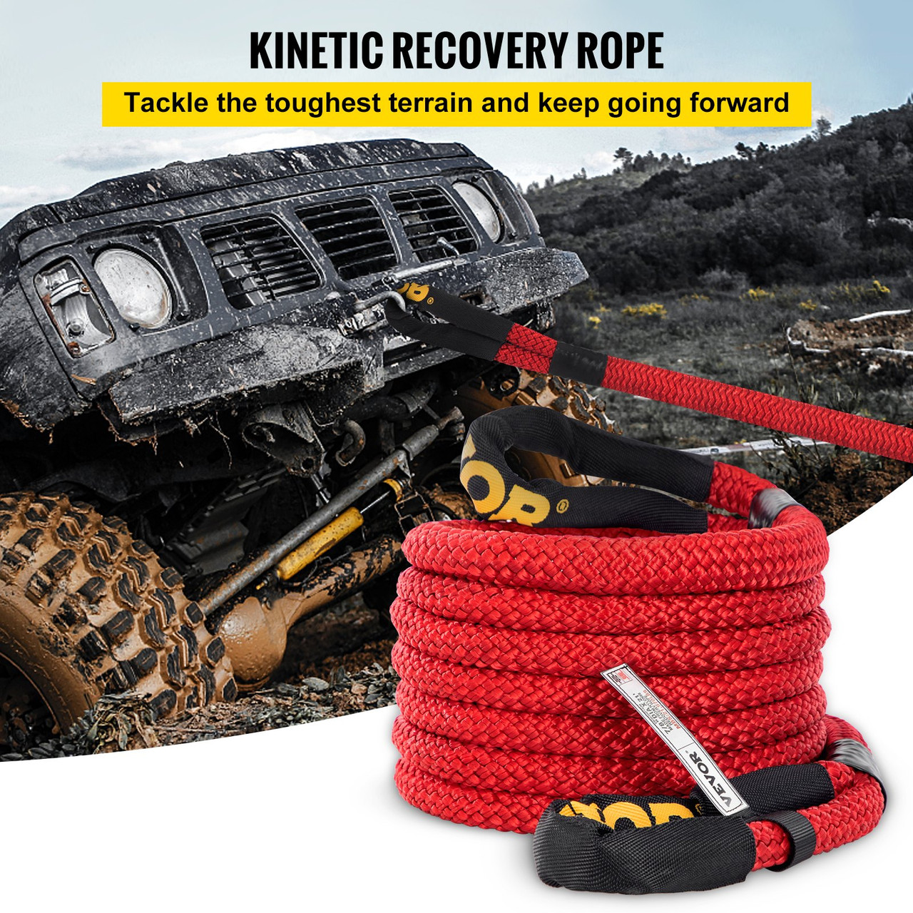 7/8" x 21' Kinetic Recovery Rope, 21,970 lbs, Heavy Duty Nylon Double Braided Kinetic Energy Rope w/ Loops and Protective Sleeves, for Truck Off-Road Vehicle ATV UTV, Carry Bag Included, Red