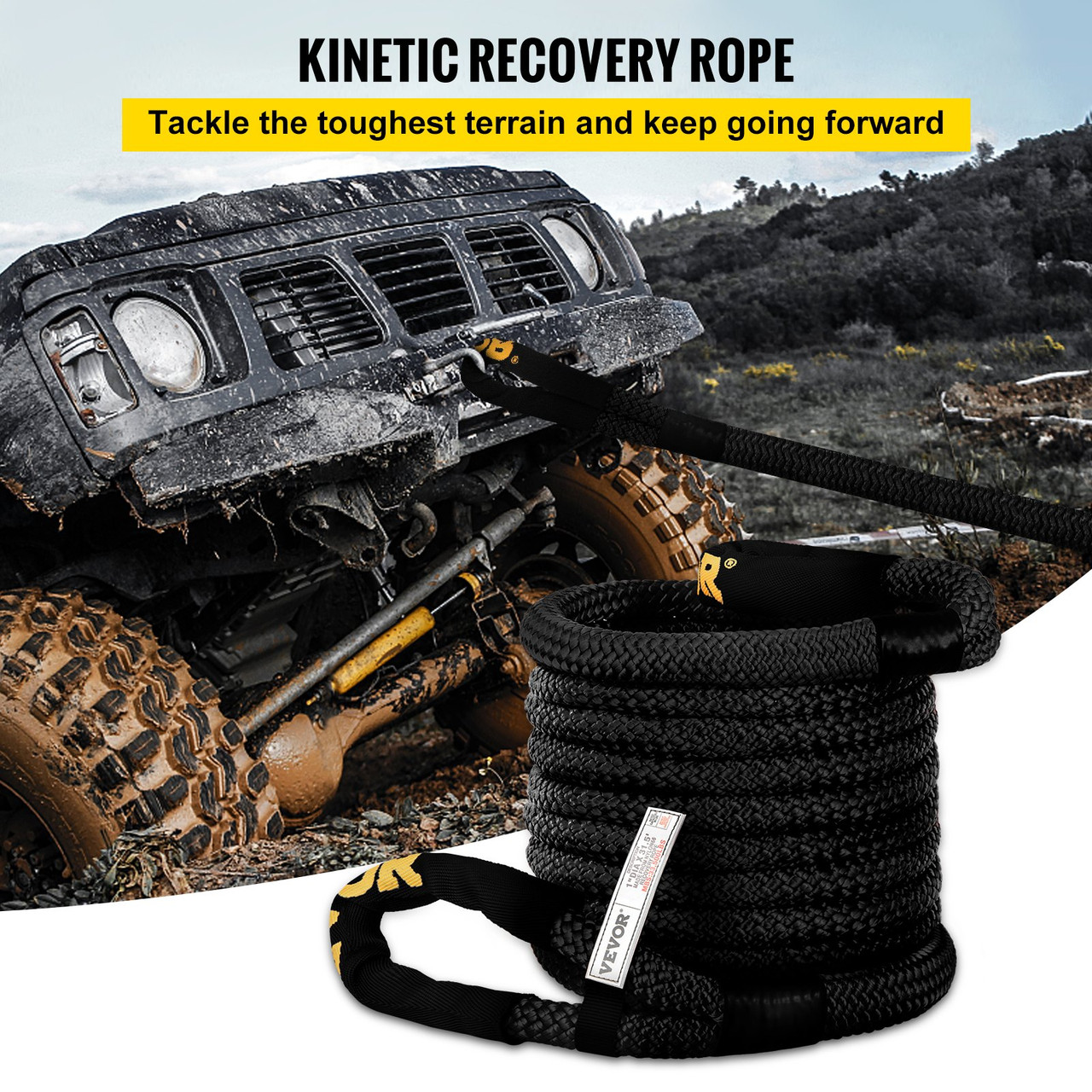 1" x 31.5' Kinetic Recovery Tow Rope, 33,500 lbs, Heavy Duty Double Braided Kinetic Energy Rope w/ Loops and Protective Sleeves, for Truck Off-Road Vehicle ATV UTV, Carry Bag Included, Black