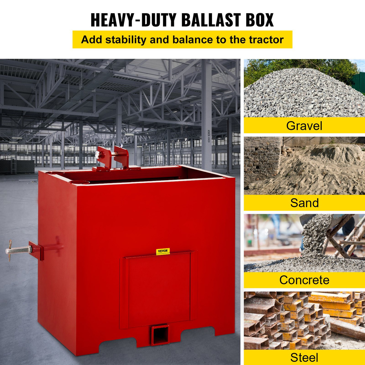 3 Point Ballast Box, 800lbs Capacity Hitch Ballast Box, Standard 2'' Hitch Receiver, Tractor Ballast Box with 5cu.ft Volume, Heavy Duty Steel, Fits Category 1 Tractor Attachment, Red