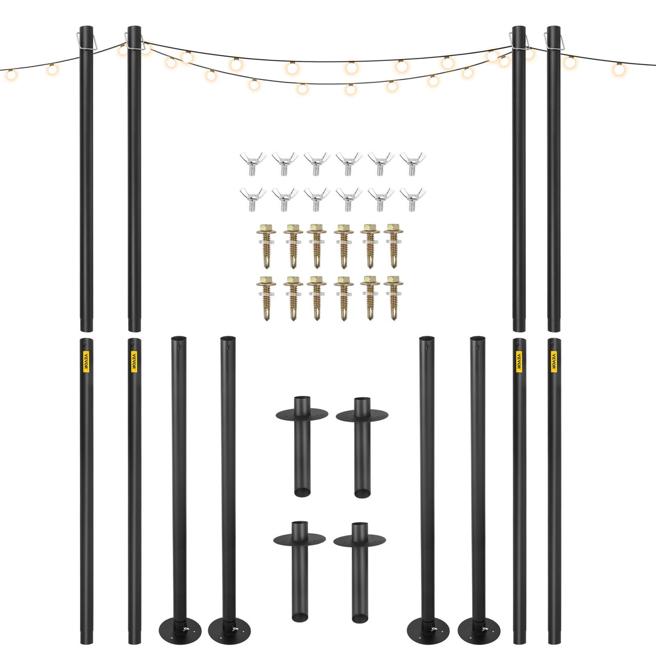 String Light Poles, 4 Pack 10.6 FT, Outdoor Powder Coated Steel Lamp Post with Hooks to Hang Lantern and Flags, Universal Mounting Options to Decorate Garden, Patio, and Deck for Party, Black