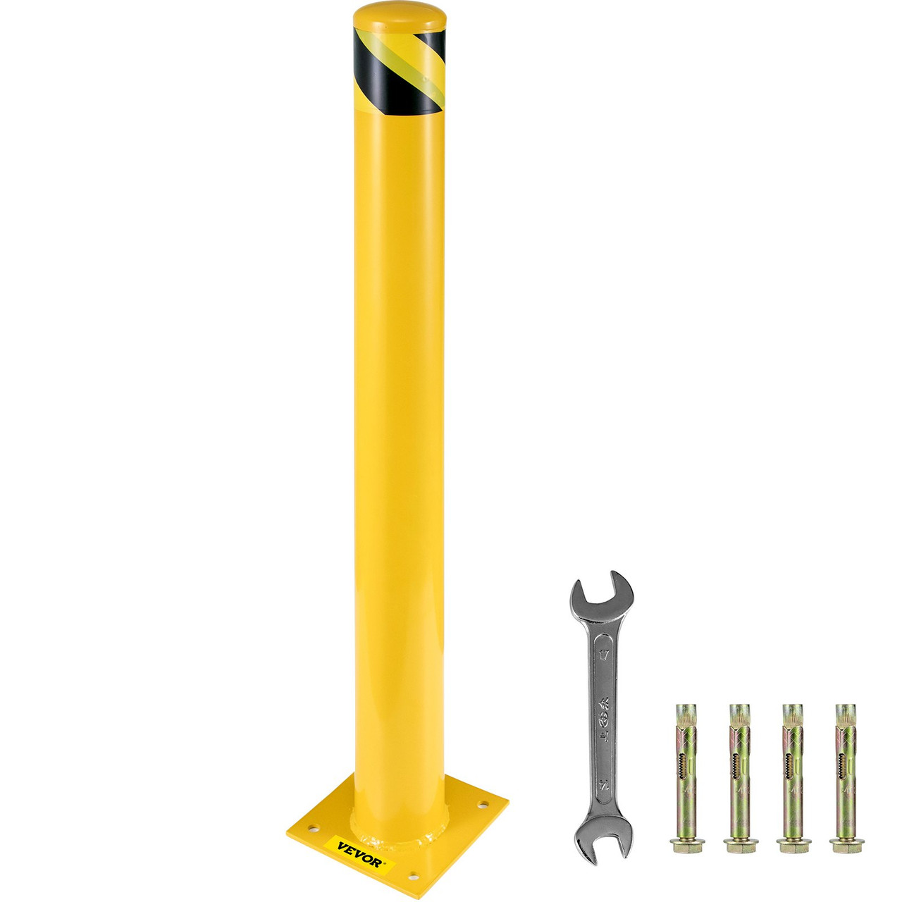 Safety Bollard 48-5.5, Safety Barrier Bollard 5-1/2" OD 48" Height, Yellow Powder Coat Pipe Steel Safety Barrier, with 4 Free Anchor Bolts, for Traffic-Sensitive Area