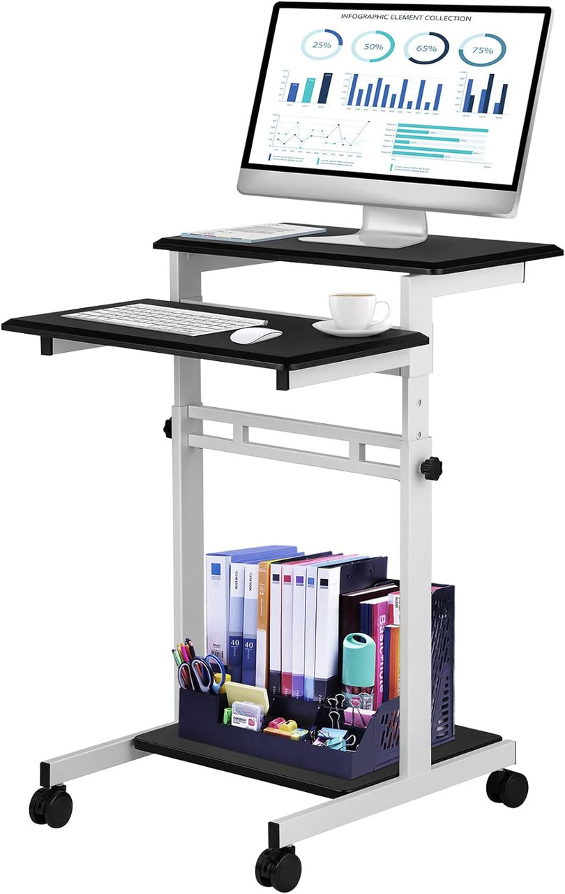 Mobile Standing Desk, Rolling Laptop Desk w/ Three Shelves, 34-47in Adjustable Height with Four 360Ã¸ Rotation Wheels for Home, Office