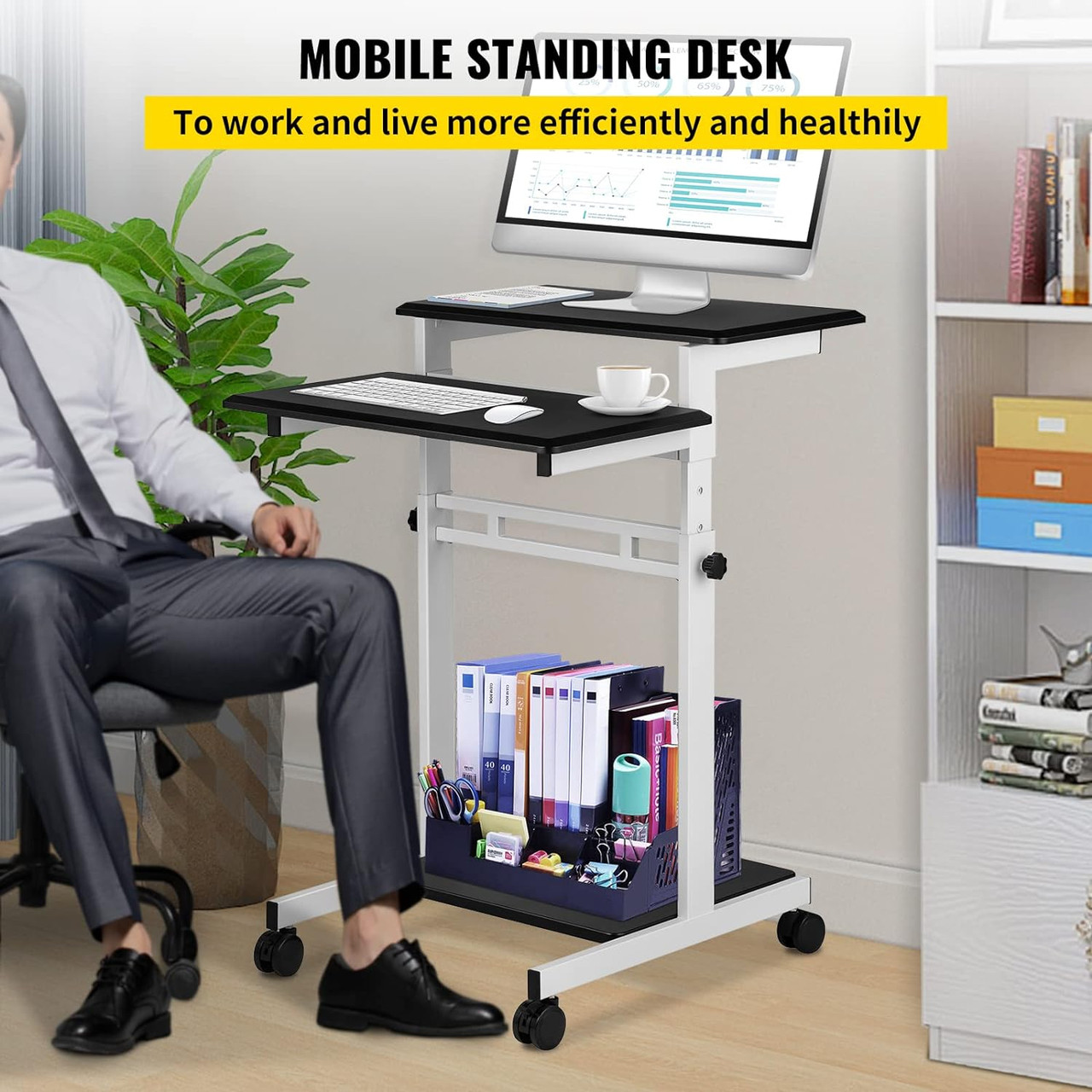 Mobile Standing Desk, Rolling Laptop Desk w/ Three Shelves, 34-47in Adjustable Height with Four 360Ã¸ Rotation Wheels for Home, Office