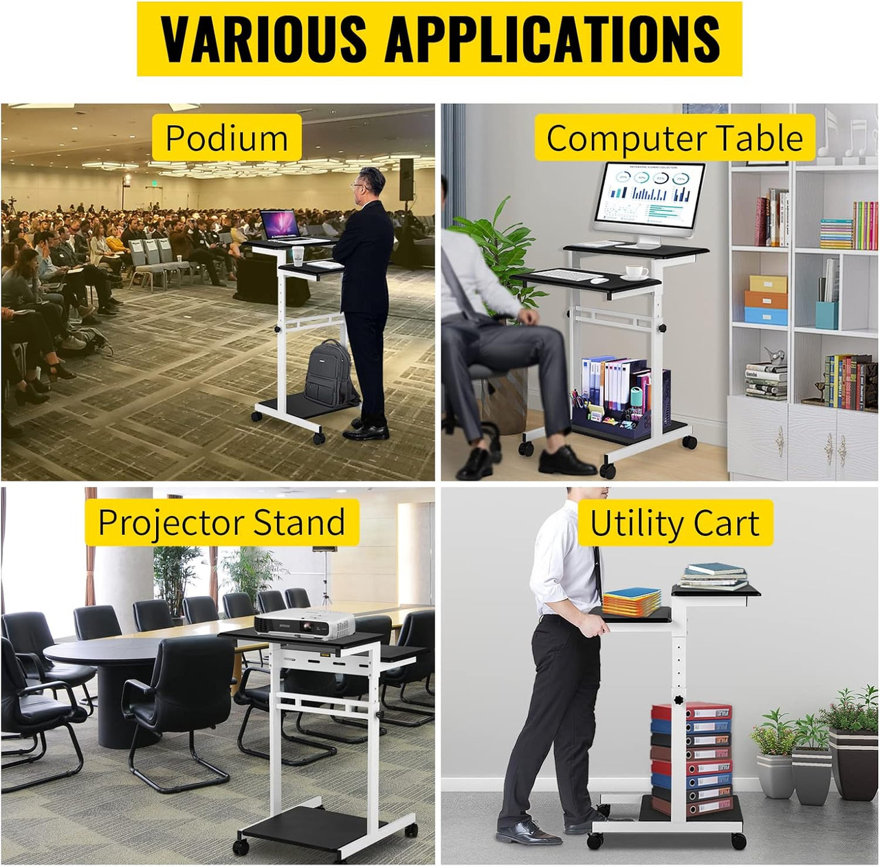 Mobile Standing Desk, Rolling Laptop Desk w/ Three Shelves, 34-47in Adjustable Height with Four 360° Rotation Wheels for Home, Office
