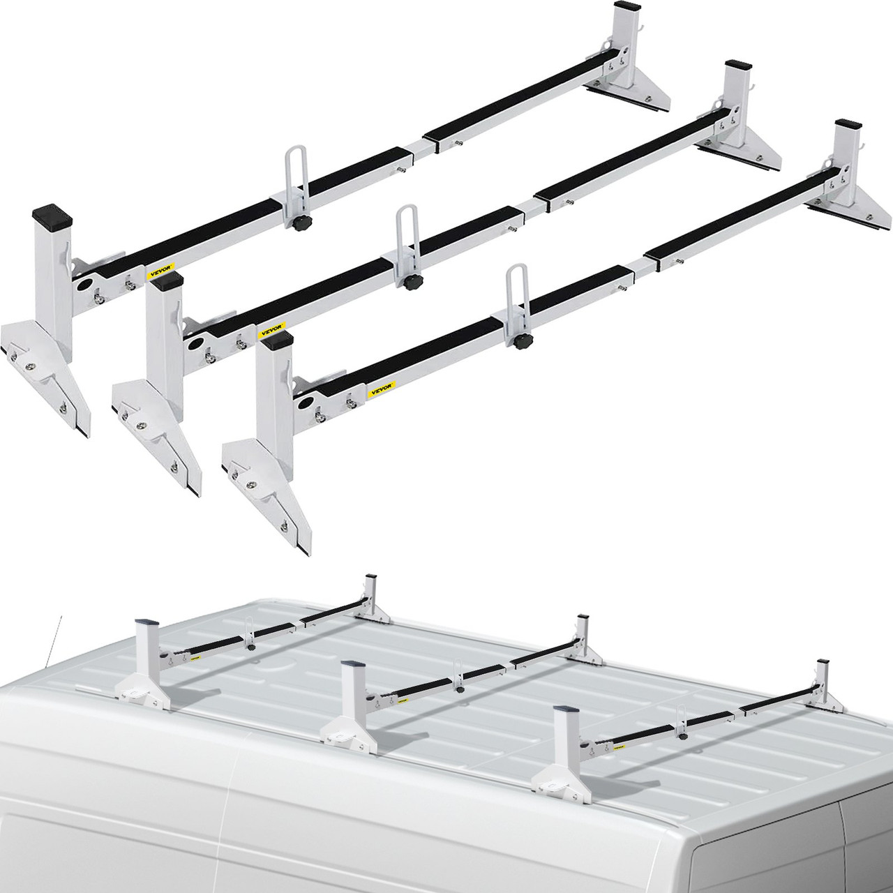 Van Roof Ladder Rack, 3 Bars, 661 LBS Capacity, 46.9"-59.1" Adjustable Middle Bar Steel Roof Racks, Rain-Gutter Mount Racks Fit Most Van Rails, Universal Design, White