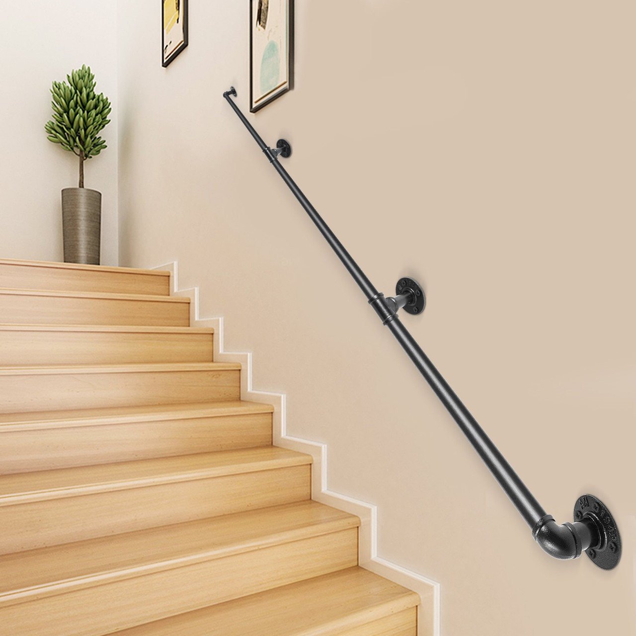 Pipe Stair Handrail, 10FT Staircase Handrail, 440LBS Load Capacity Carbon Steel Pipe Handrail, Industrial Pipe Handrail with Wall Mount Support, Round Corner Wall Handrailing for Indoor, Outdoor