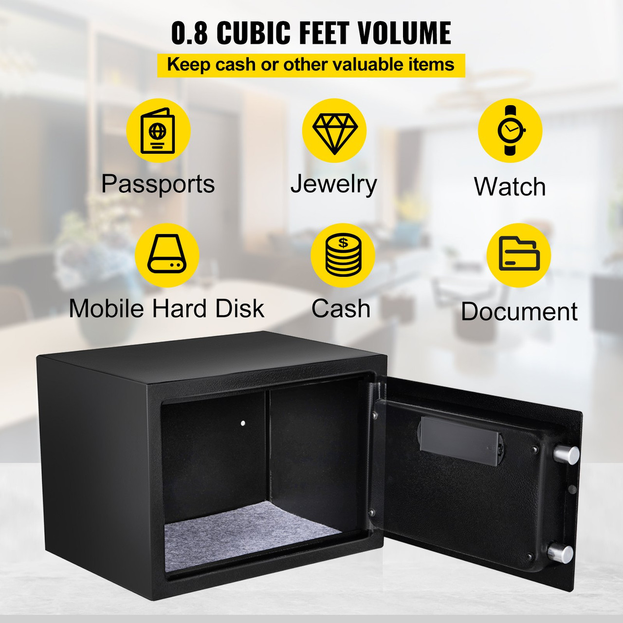 Safe Box, 0.8 CU.FT Fingerprint Safe Box for Money w/ 2 Keys & Digital Keypad, Q235 Steel Safe Box for Storing Cash, Jewelry, Pistols, Documents, Watches in Home & Office & Hotel