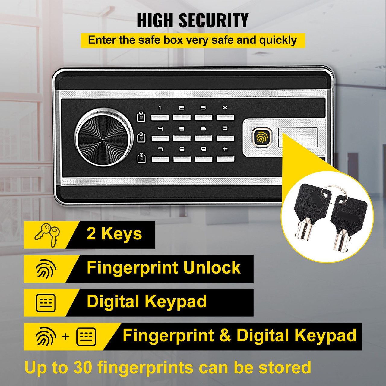 Safe Box, 0.8 CU.FT Fingerprint Safe Box for Money w/ 2 Keys & Digital Keypad, Q235 Steel Safe Box for Storing Cash, Jewelry, Pistols, Documents, Watches in Home & Office & Hotel