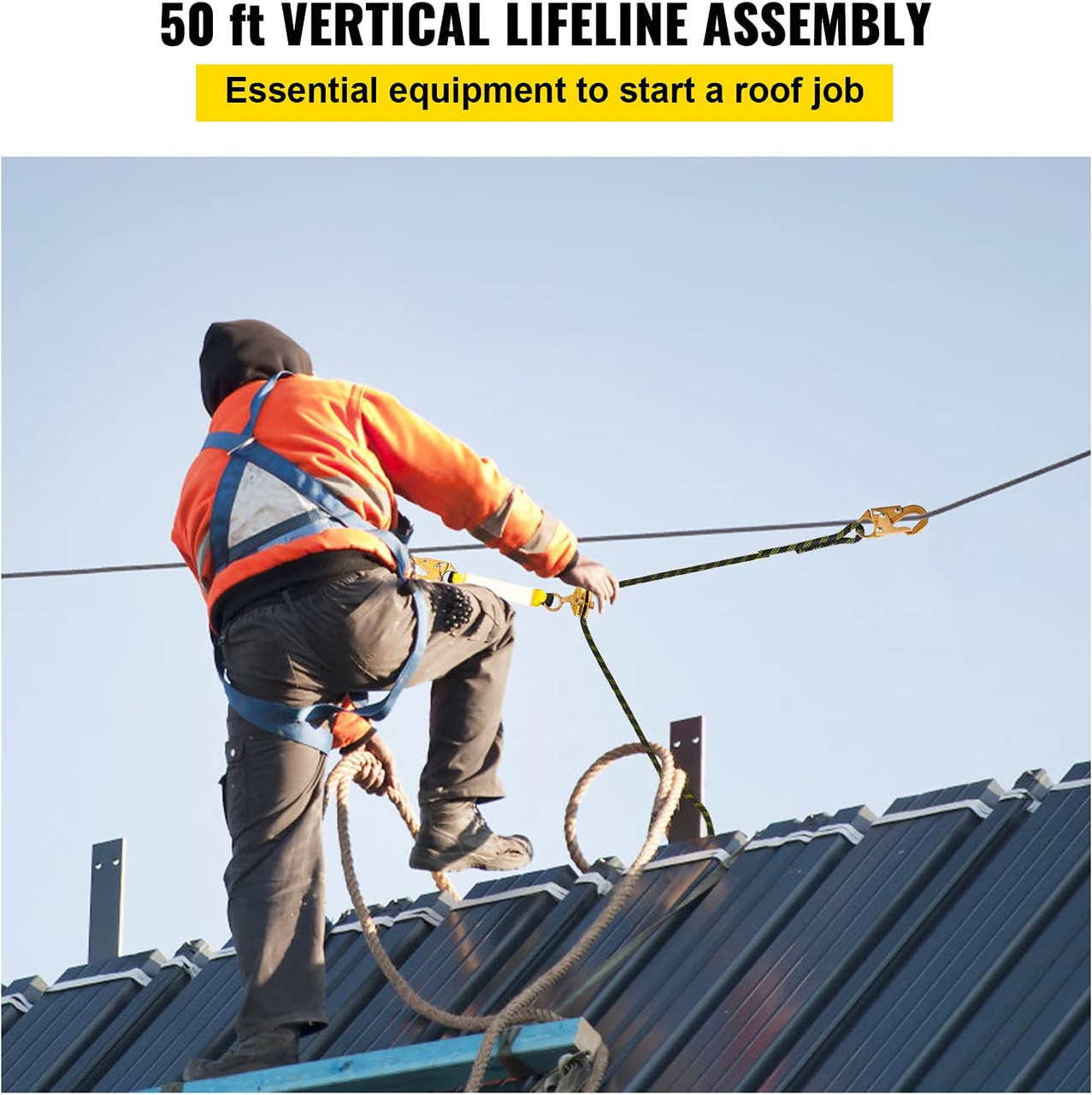 Vertical Lifeline Assembly, 150 ft Fall Protection Rope, Polyester Roofing Rope, CE Compliant Fall Arrest Protection Equipment with Alloy Steel Rope Grab, Two Snap Hooks, Shock Absorber