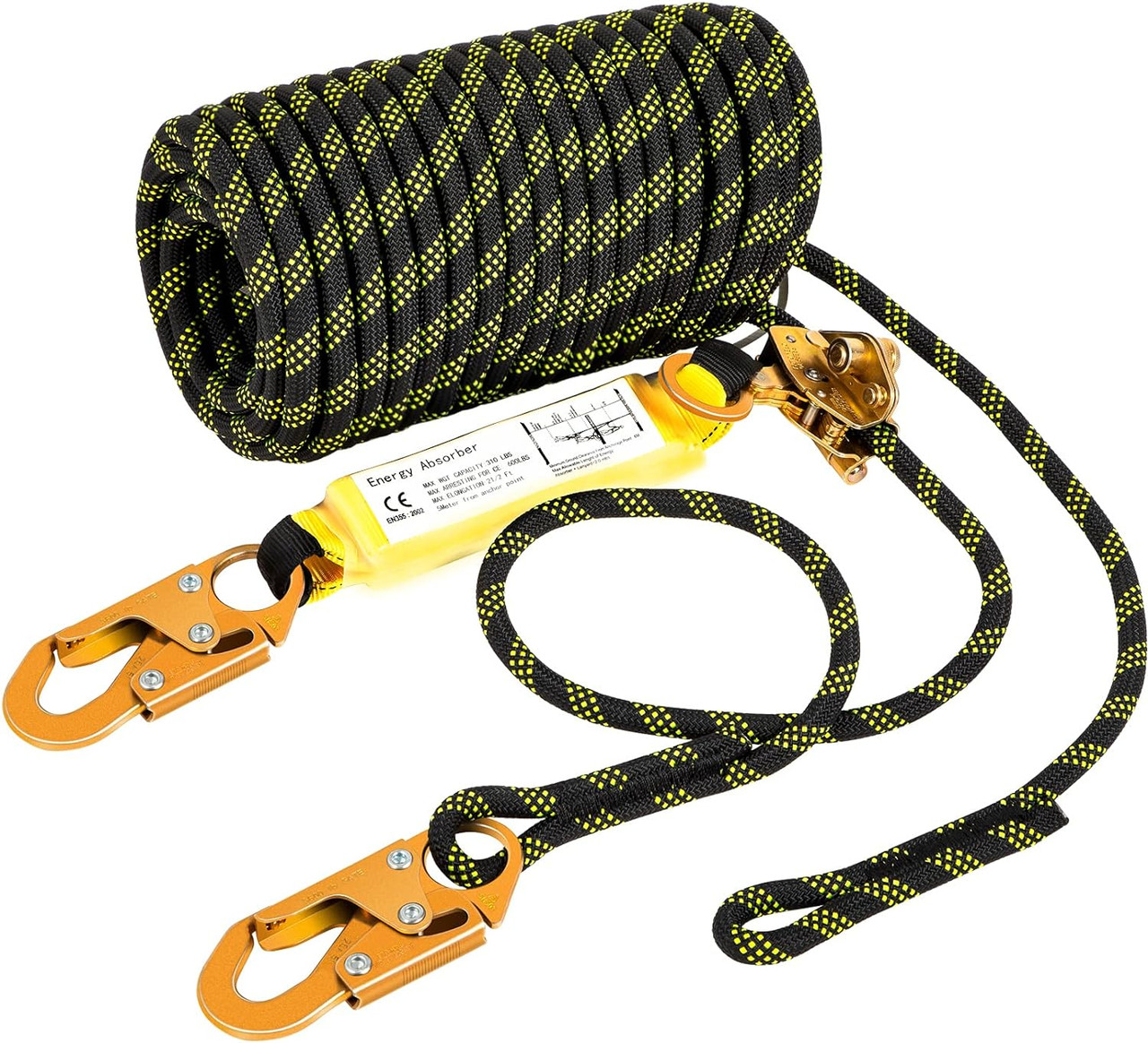 Vertical Lifeline Assembly, 150 ft Fall Protection Rope, Polyester Roofing Rope, CE Compliant Fall Arrest Protection Equipment with Alloy Steel Rope Grab, Two Snap Hooks, Shock Absorber