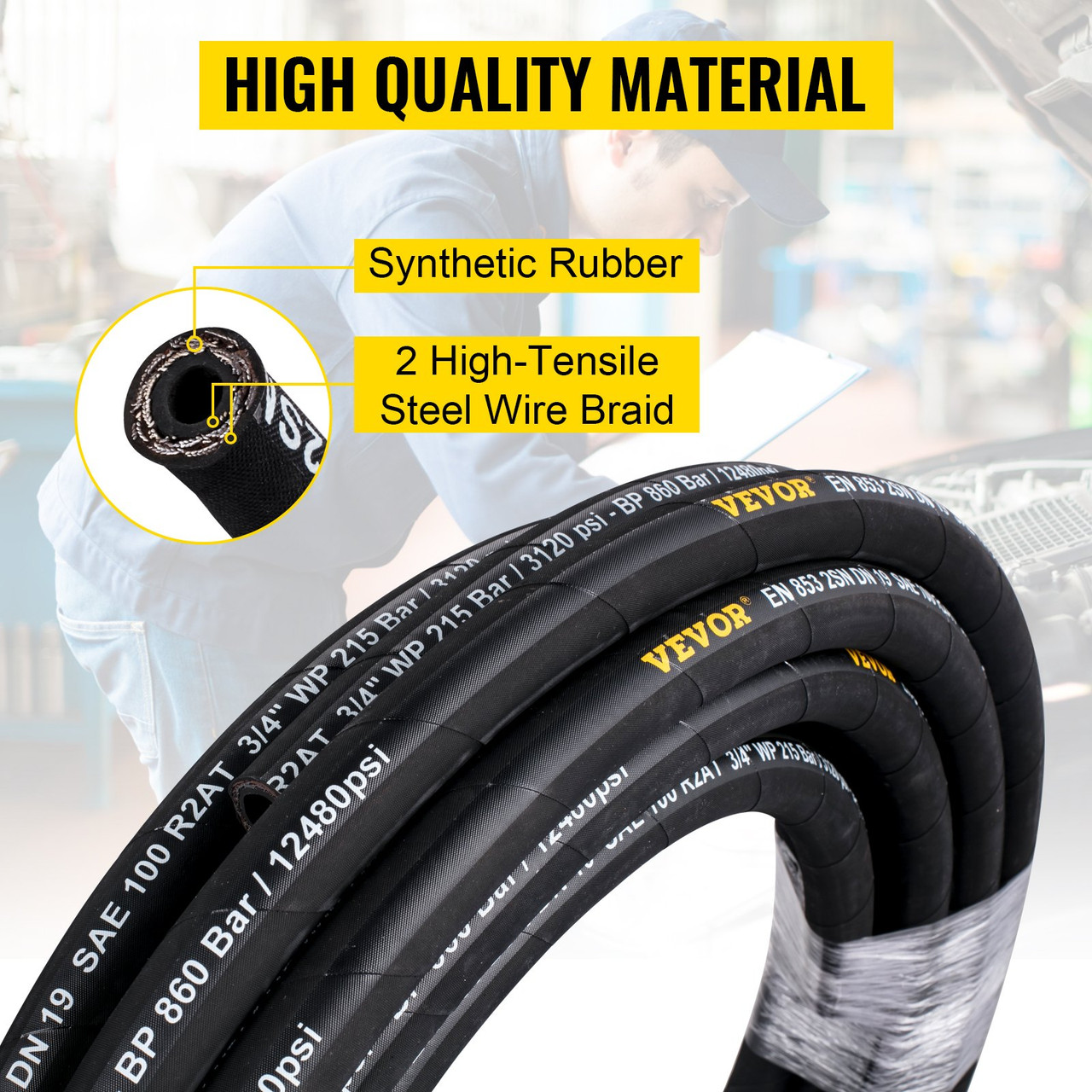 Hydraulic Hose 3/4 inch x 50 ft, Coiled Hydraulic Hose 3120 PSI, Rubber Hydraulic Hose with 2 High-Tensile Steel Wire Braid, Bulk Hydraulic Hose -20? to 140?, Hydraulic Oil Flexible Hose