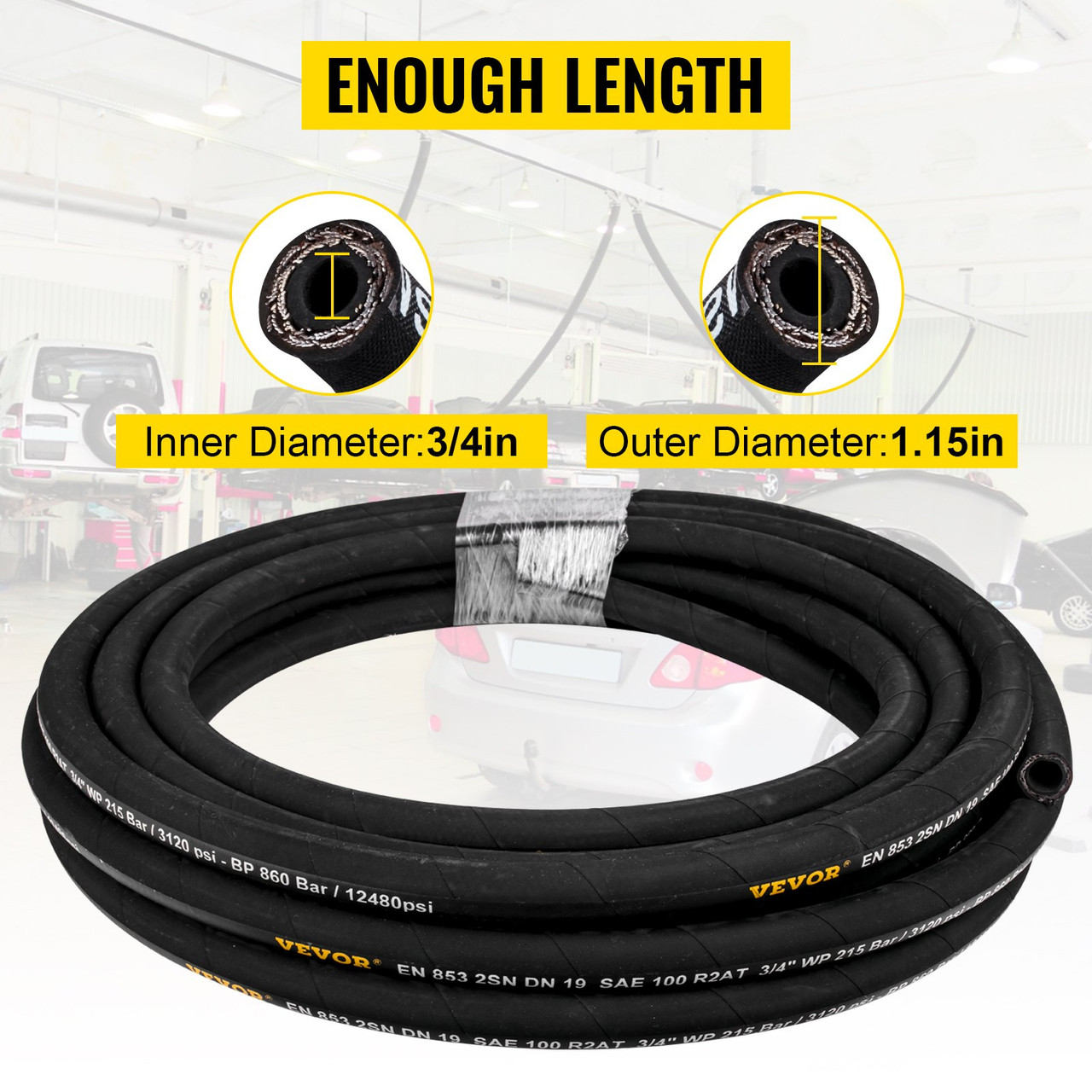 Hydraulic Hose 3/4 inch x 50 ft, Coiled Hydraulic Hose 3120 PSI, Rubber Hydraulic Hose with 2 High-Tensile Steel Wire Braid, Bulk Hydraulic Hose -20? to 140?, Hydraulic Oil Flexible Hose