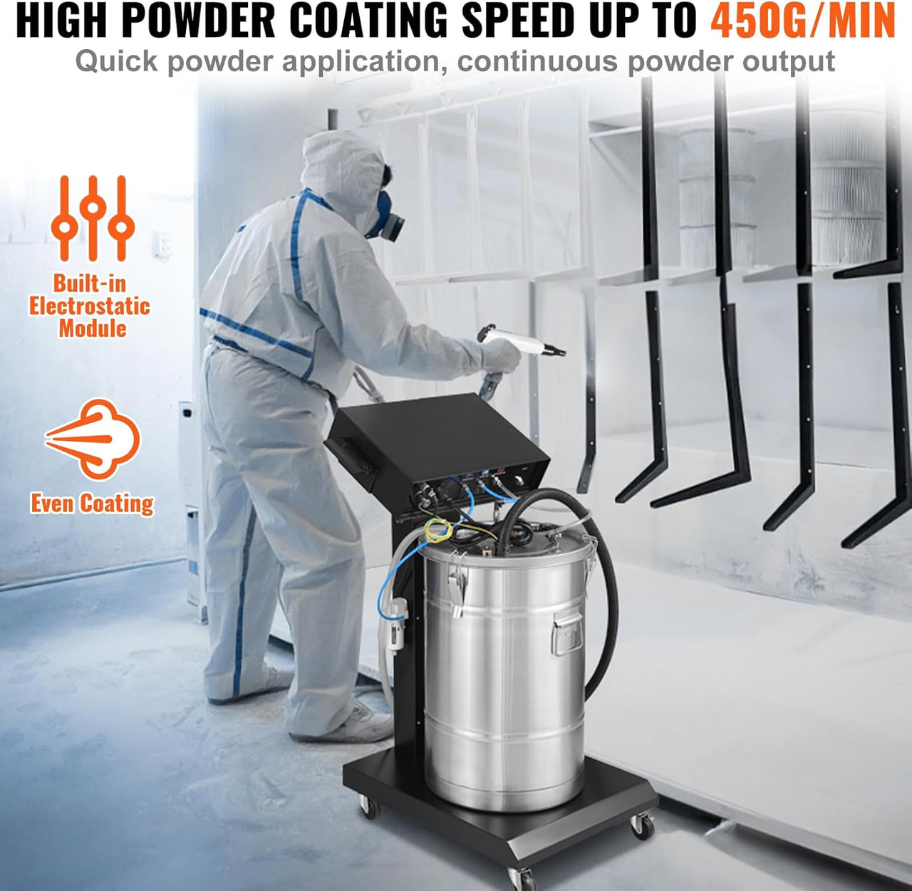 Powder Coating System - 40W 100KV Electrostatic Output Kit with 50L Powder Hopper, 450g/Min Spray Gun & Trolley Base, Indoor/Outdoor. Replacement for 100-03015