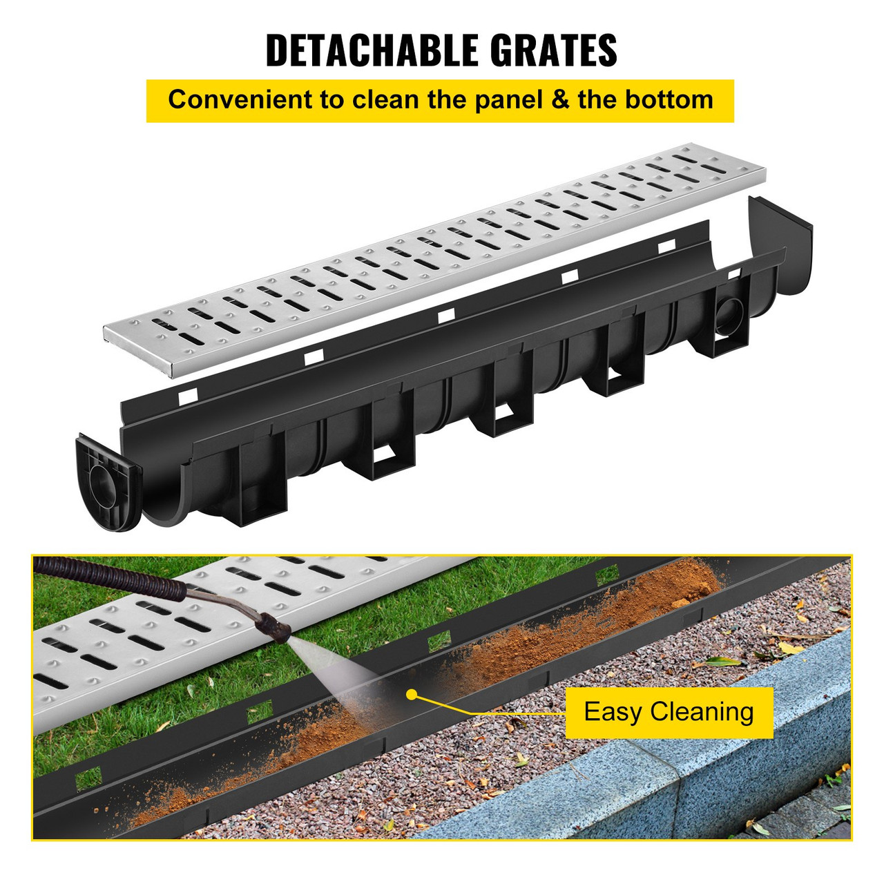 Trench Drain System, Channel Drain with Metal Grate, 5.9x5.1-Inch HDPE Drainage Trench, Black Plastic Garage Floor Drain, 3x39 Trench Drain Grate, with 3 End Caps, for Garden, Driveway-3 Pack