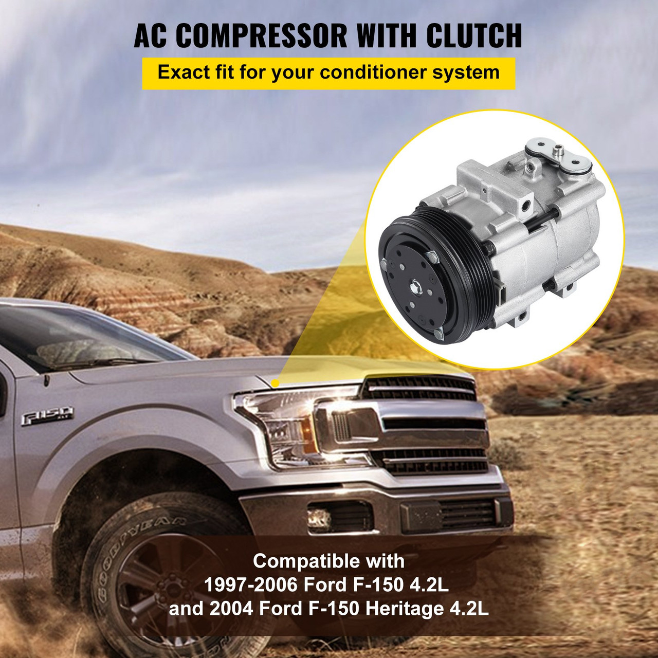 A/C Compressor w/ Clutch 58151 FS10 for 97-06 Ford F-150, Heritage 4.2L 4.6L 5.4L