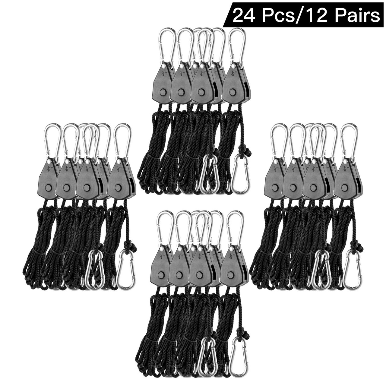 Grow Light Rope 12Pair, Heavy Duty Adjustable Rope Clip Hanger 1/8 Inch, Grow Light Rope Hanger 6-Feet Long, Adjustable Rope Ratchet Hangers 150 Lbs, Each Pair Used with Grow Light, Grow Bags