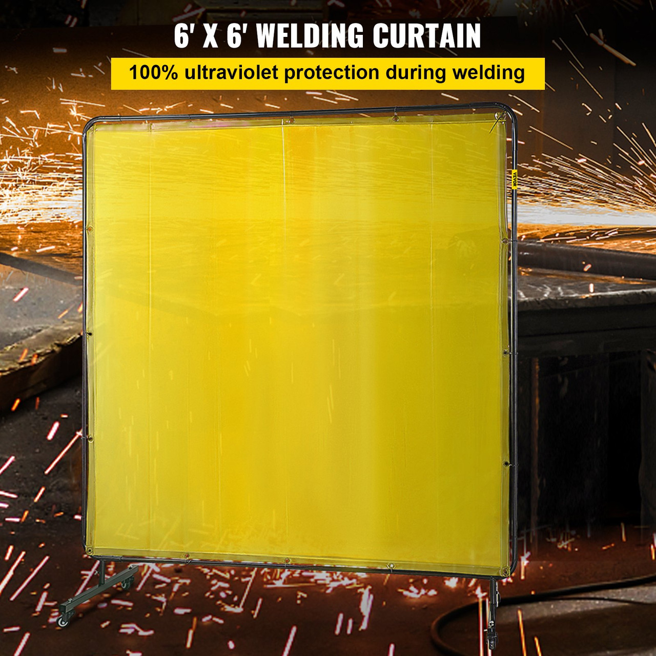 Welding Screen with Frame 6' x 6', Welding Curtain with 4 Wheels, Welding Protection Screen Yellow Flame-Resistant Vinyl, Portable Light-Proof