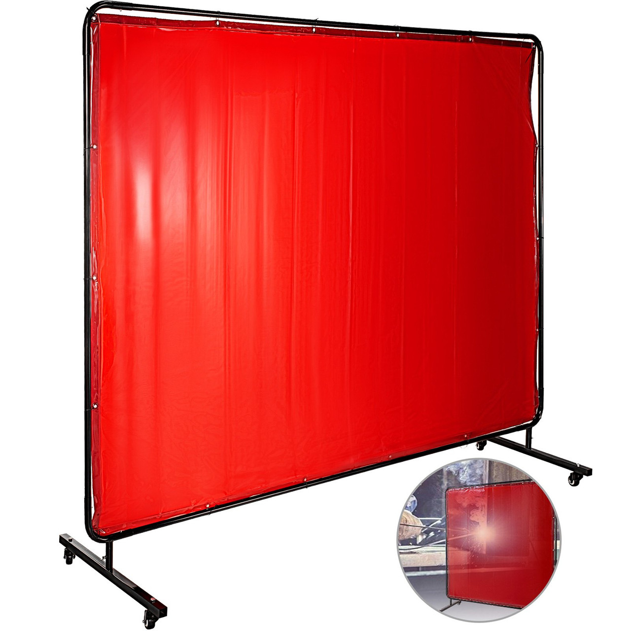 Welding Screen with Frame 8' x 6', Welding Curtain with 4 Wheels, Welding Protection Screen Red Flame-Resistant Vinyl, Portable Light-Proof