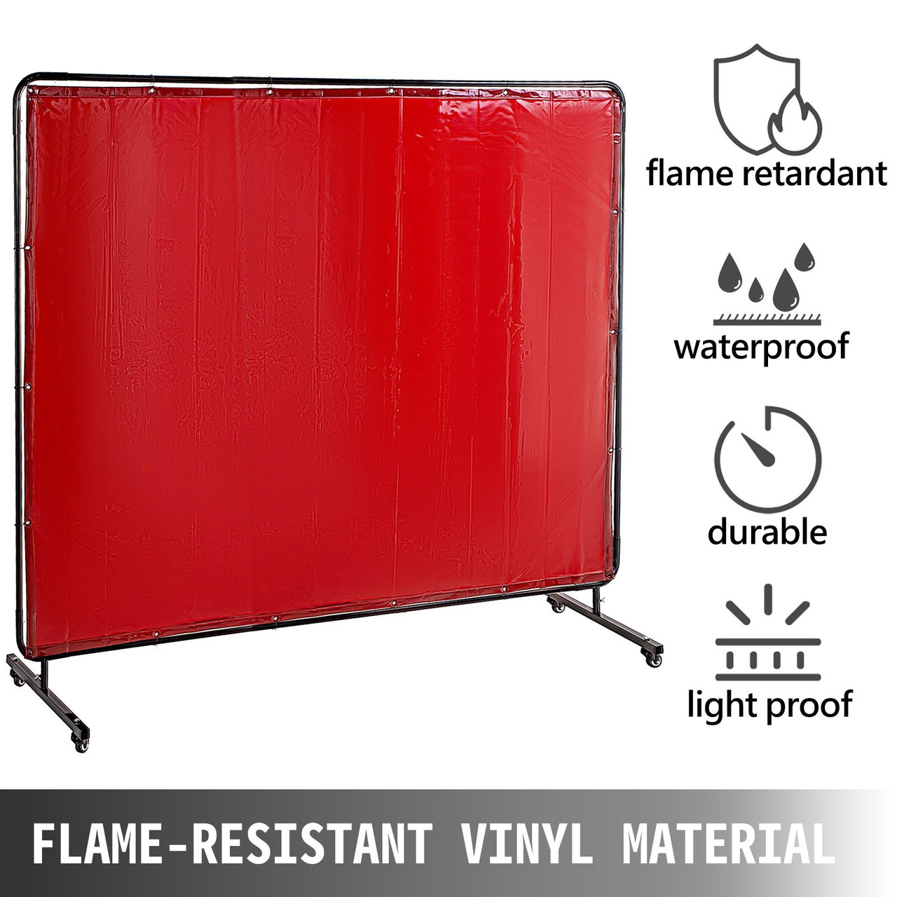 Welding Screen with Frame 8' x 6', Welding Curtain with 4 Wheels, Welding Protection Screen Red Flame-Resistant Vinyl, Portable Light-Proof