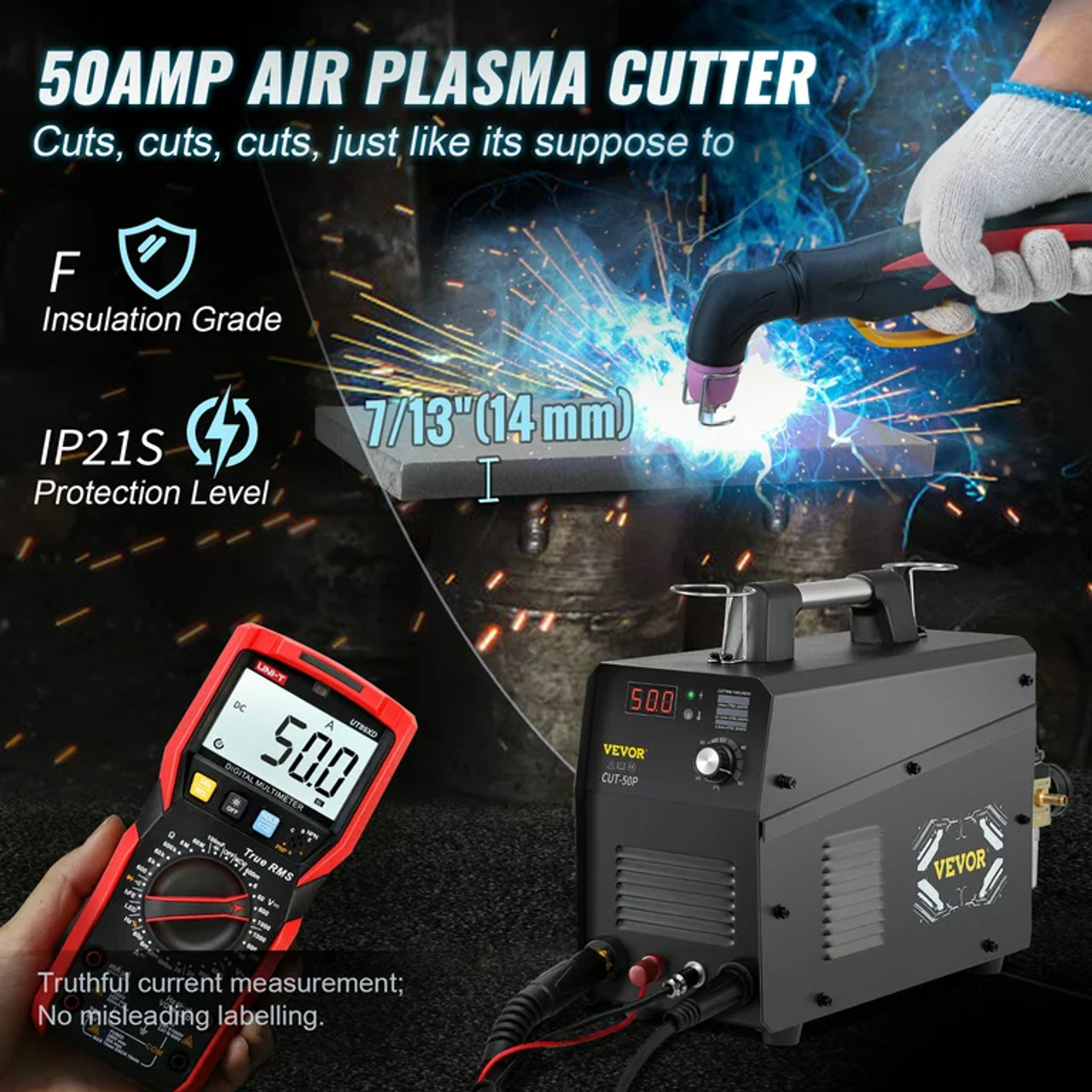 Plasma Cutter, 50Amp, Non-Touch Pilot Arc Air Cutting Machine with Torch, 110V/220V Dual Voltage AC IGBT Inverter Metal Cutting Equipment for 1/2"