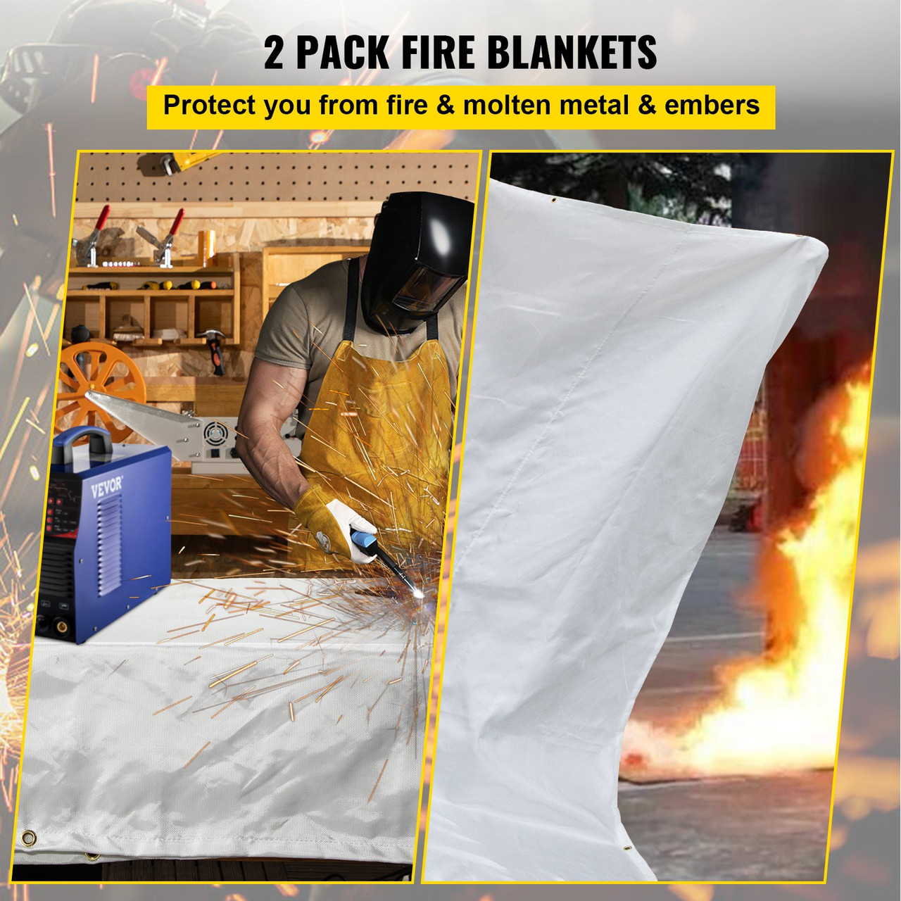 Fire Blankets, 2 Pack Welding Blankets, 8' x 10' Fire Suppression Blanket, 1022 degrees F Flame Retardant Blanket, White Fire Emergency Blankets,