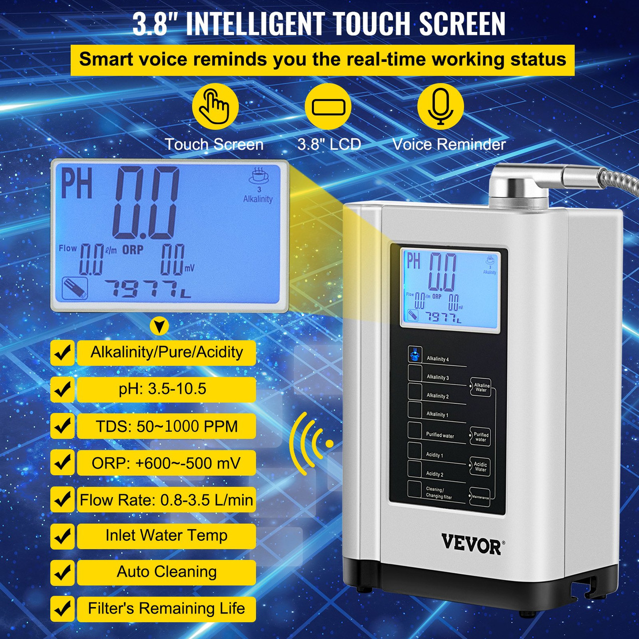 Water Ionizer Machine, 7 Water Settings, Alkaline Acid Home Filtration System w/ 3.8" LCD Touch Panel, pH3.5-10.5 Kangen Water w/ 6000L Replaceable Filter, up to 1000PPM TDS & -500mV ORP, Silver