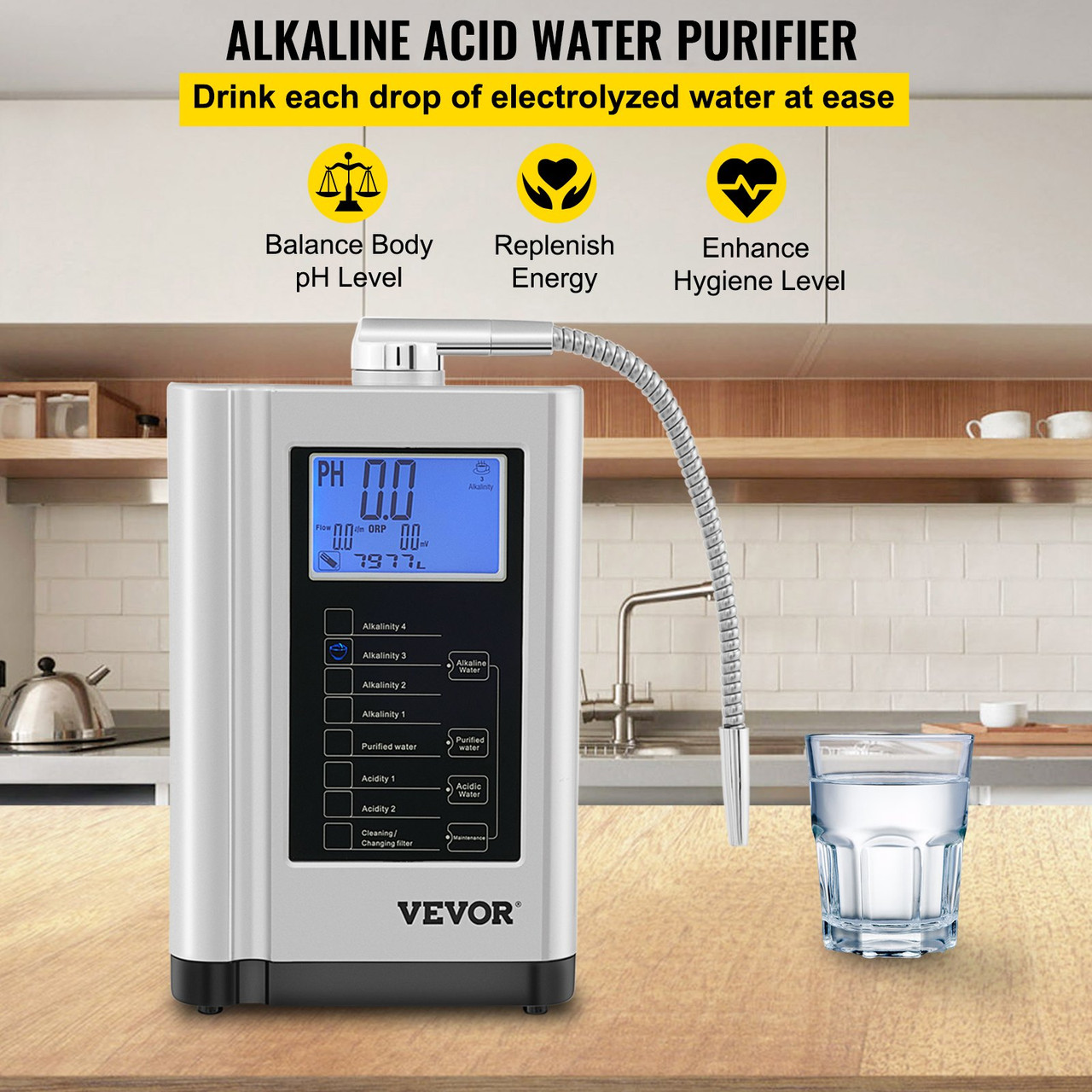 Water Ionizer Machine, 7 Water Settings, Alkaline Acid Home Filtration System w/ 3.8" LCD Touch Panel, pH3.5-10.5 Kangen Water w/ 6000L Replaceable Filter, up to 1000PPM TDS & -500mV ORP, Silver