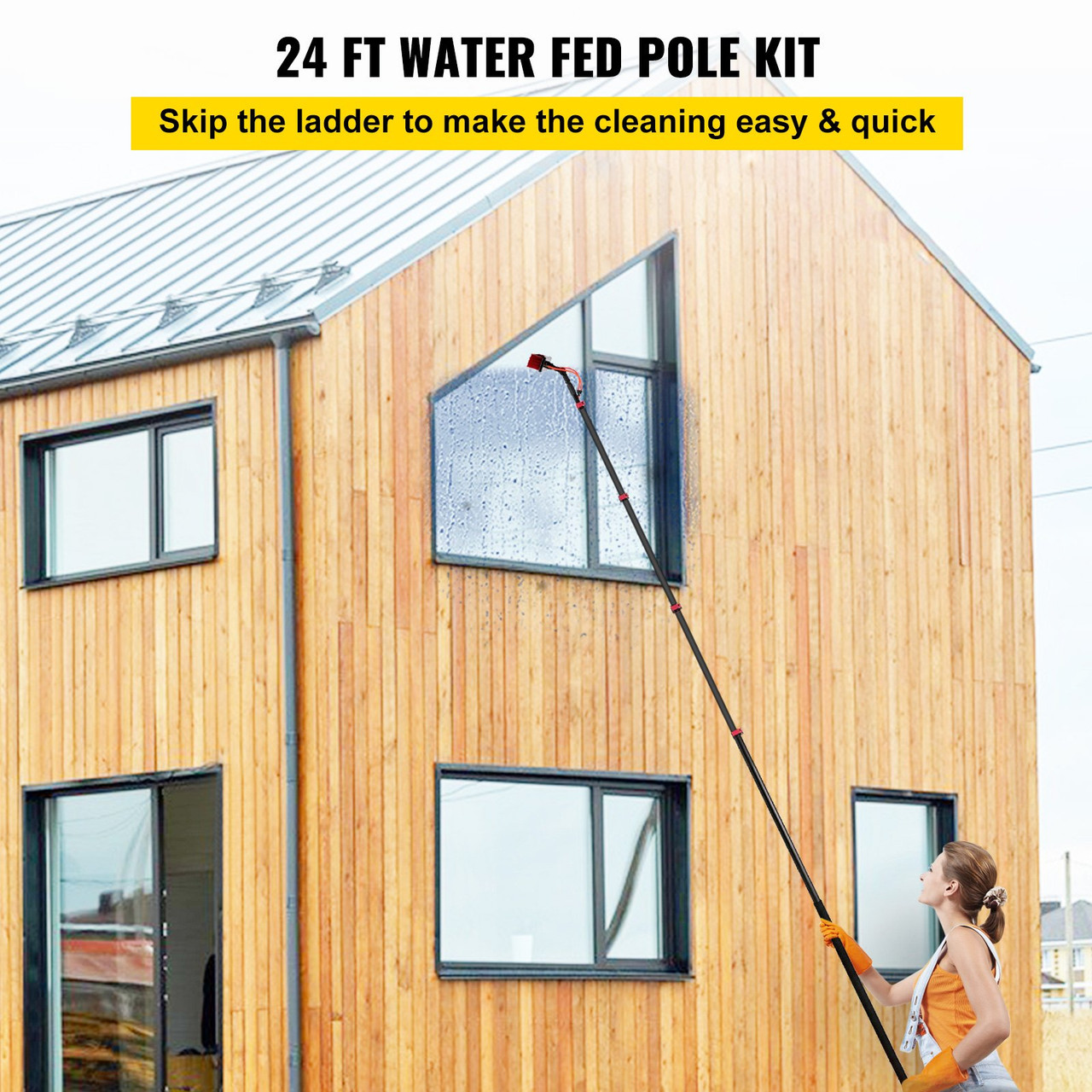 Water Fed Pole Kit, 24ft Length Water Fed Brush, 7.3m Water Fed Cleaning System, Aluminum Outdoor Window Cleaner w/ 18ft Hose, Cleaning And Washing Tool For Window Glass, Solar Panel