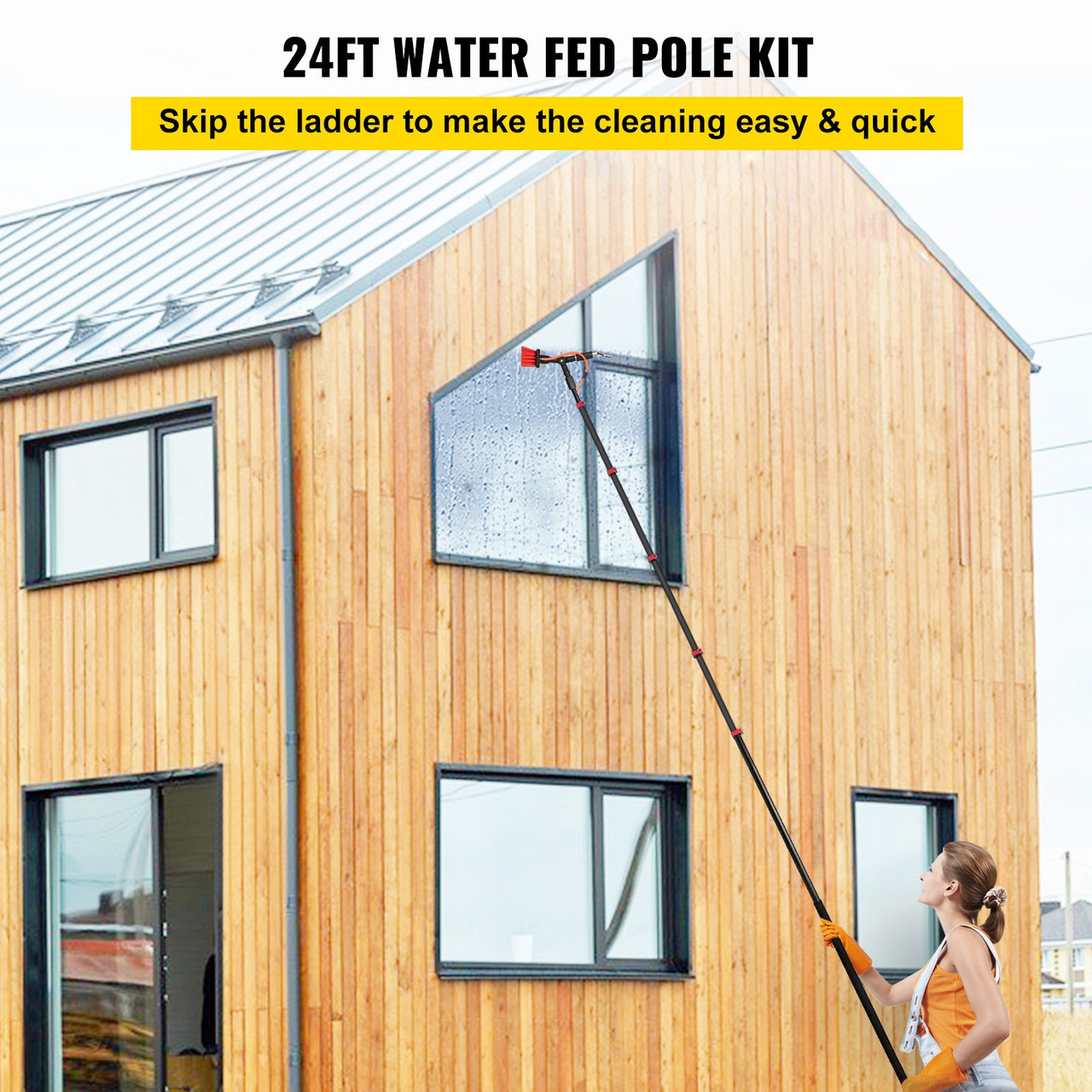 Water Fed Pole Kit, 24ft Length Water Fed Brush w/ Squeegee, 7.2m Water Fed Cleaning System, 3-in-1 Aluminum Outdoor Window Cleaner w/ 26' Hose, Cleaning Tool for Window Glass, Solar Panel