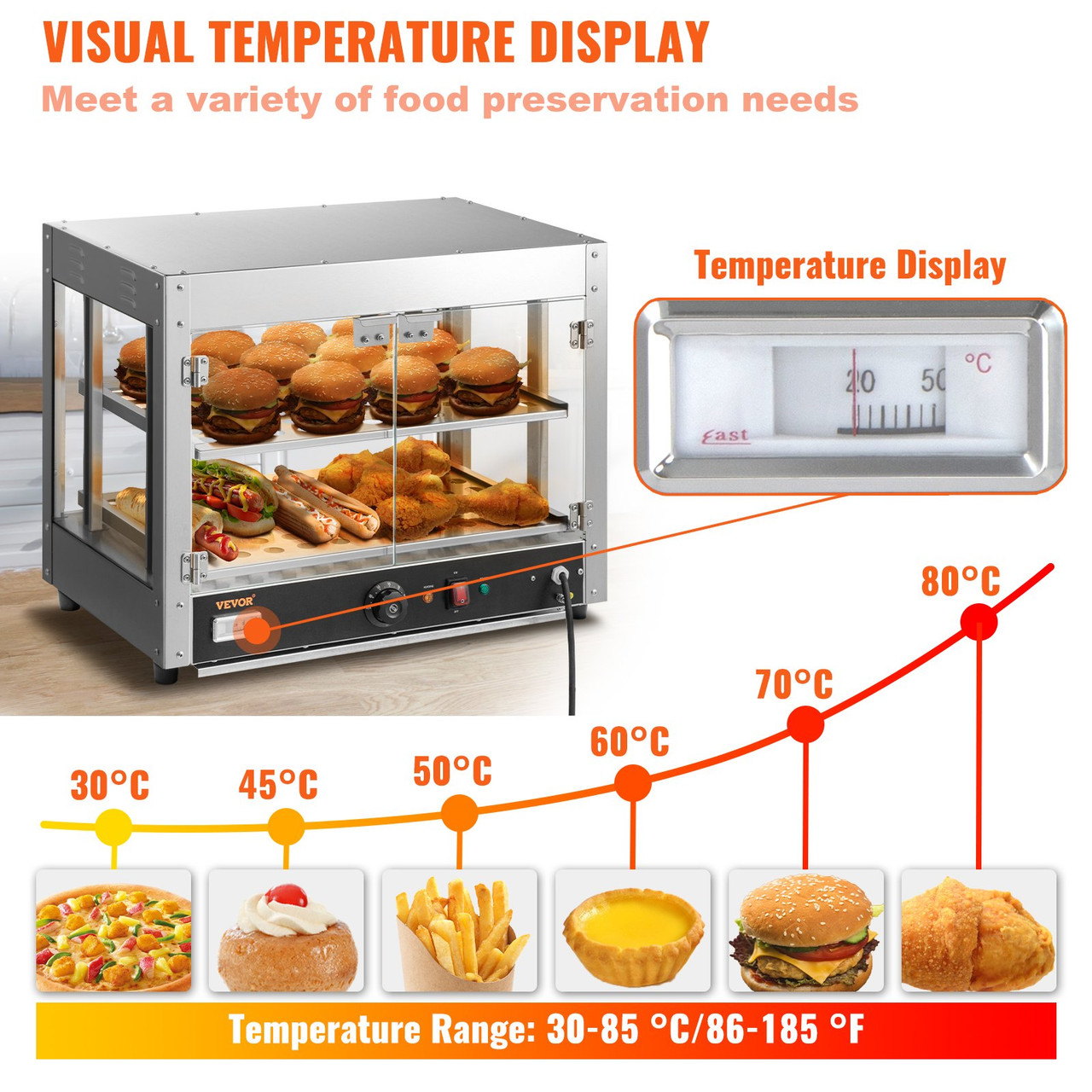2-Tier Commercial Food Warmer Countertop Pizza Cabinet with Water Tray