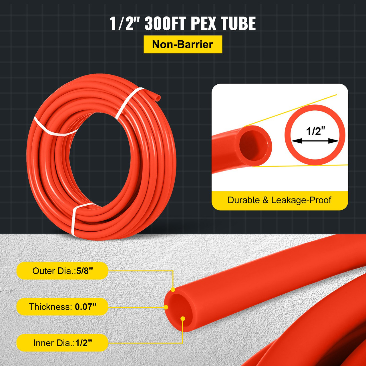 PEX Tubing Potable Water Tube 1/2 Inch x 300 FT PEX-B Plumbing Pipe Non-Barrier Radiant Heating Pex Coil for Water Plumbing Open Loop Hydronic Heating Systems (1/2" Non-Barrier, 300Ft/Red)