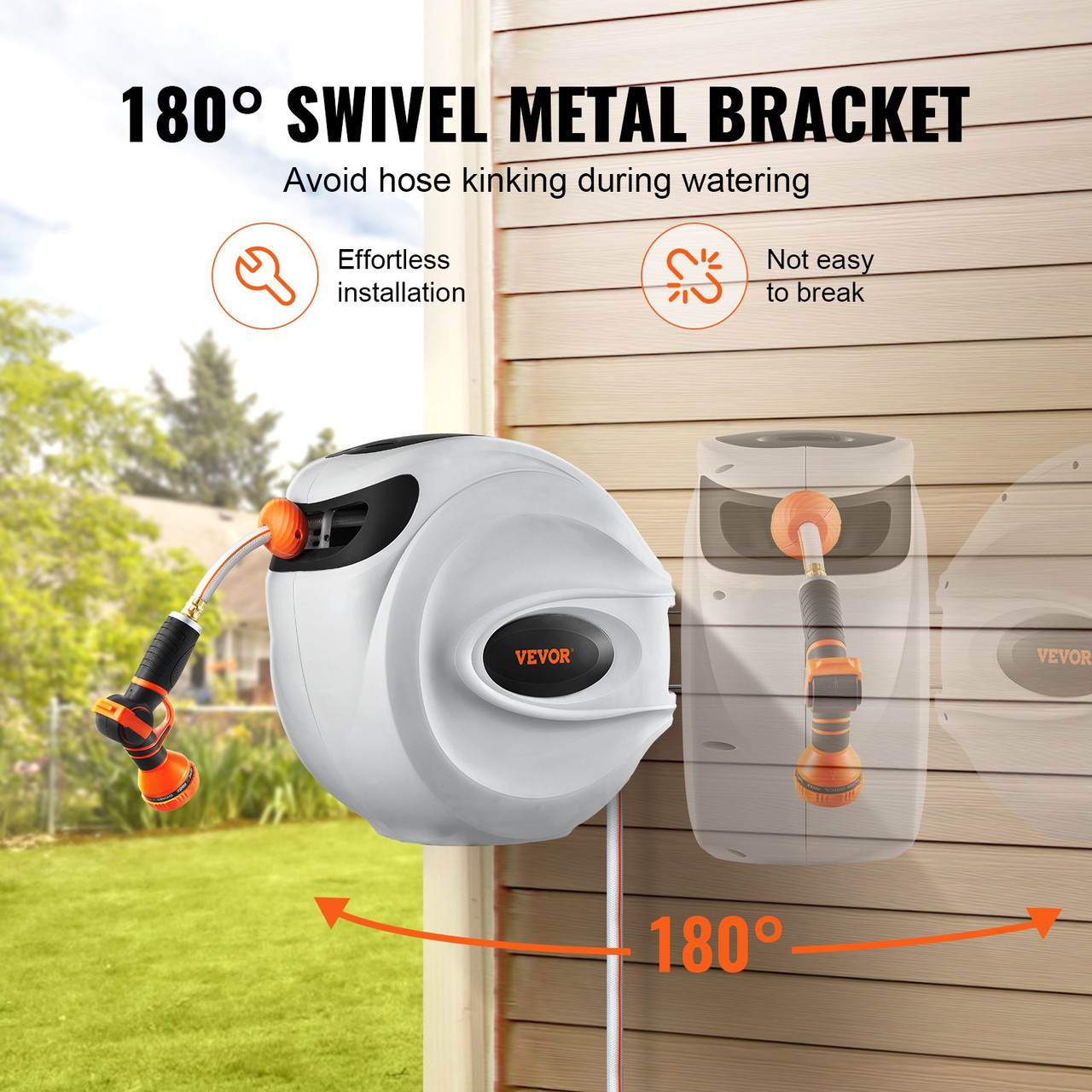 Retractable Hose Reel Water Hose Reel 130'x1/2" 180Ã¸ Swivel Wall-Mounted