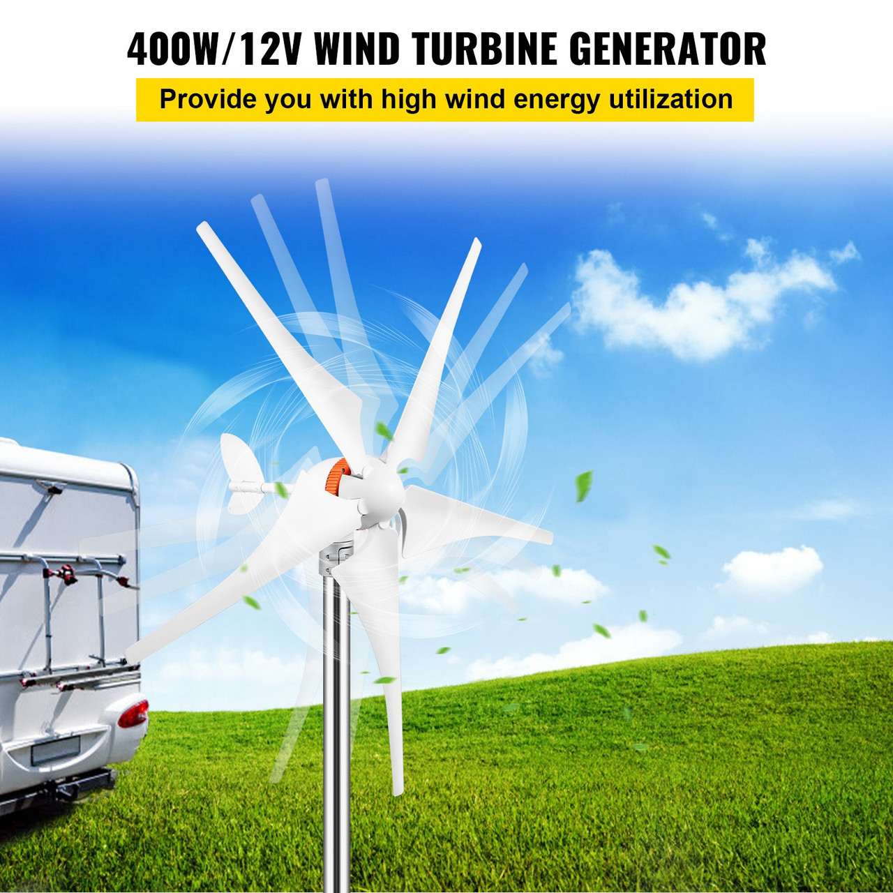 Wind Turbine Generator, 12V/AC Wind Turbine Kit, 400W Wind Power Generator with MPPT Controller 5 Blades Auto Adjust Windward Direction Suitable for Terrace, Marine, Motor Home, Chalet, Boat