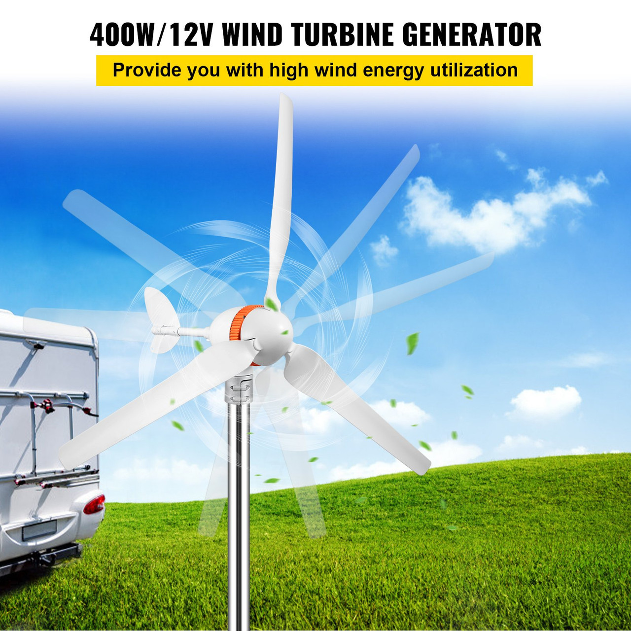 Wind Turbine Generator, 12V/AC Wind Turbine Kit, 400W Wind Power Generator w/Wind & Solar Controller 3 Blades Auto Adjust Windward Direction Suitable for Terrace, Marine, Motorhome, Chalet, Boat