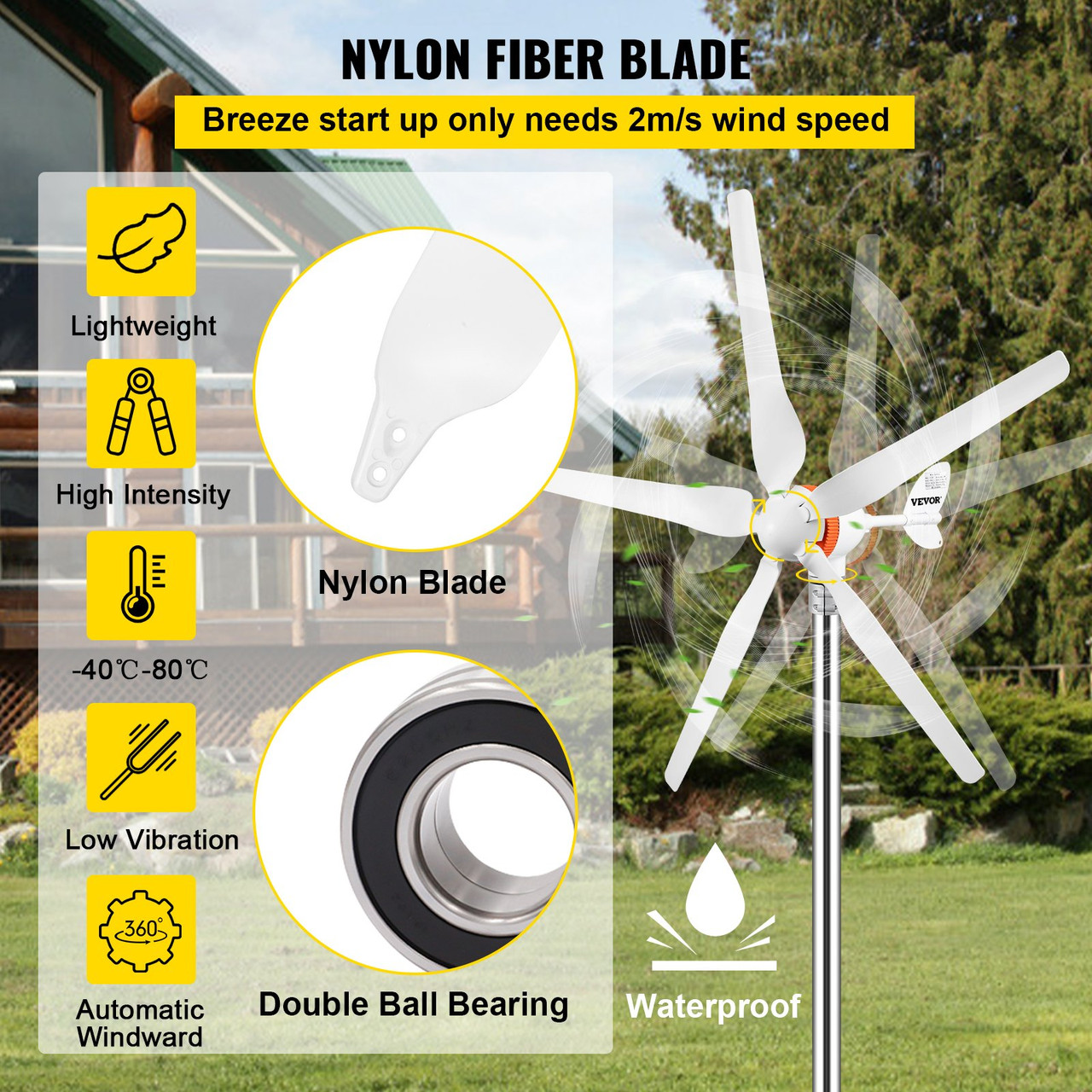 Wind Turbine Generator, 12V/AC Wind Turbine Kit, 500W Wind Power Generator with MPPT Controller 5 Blades Auto Adjust Windward Direction Suitable for Terrace, Marine, Motor Home, Chalet, Boat