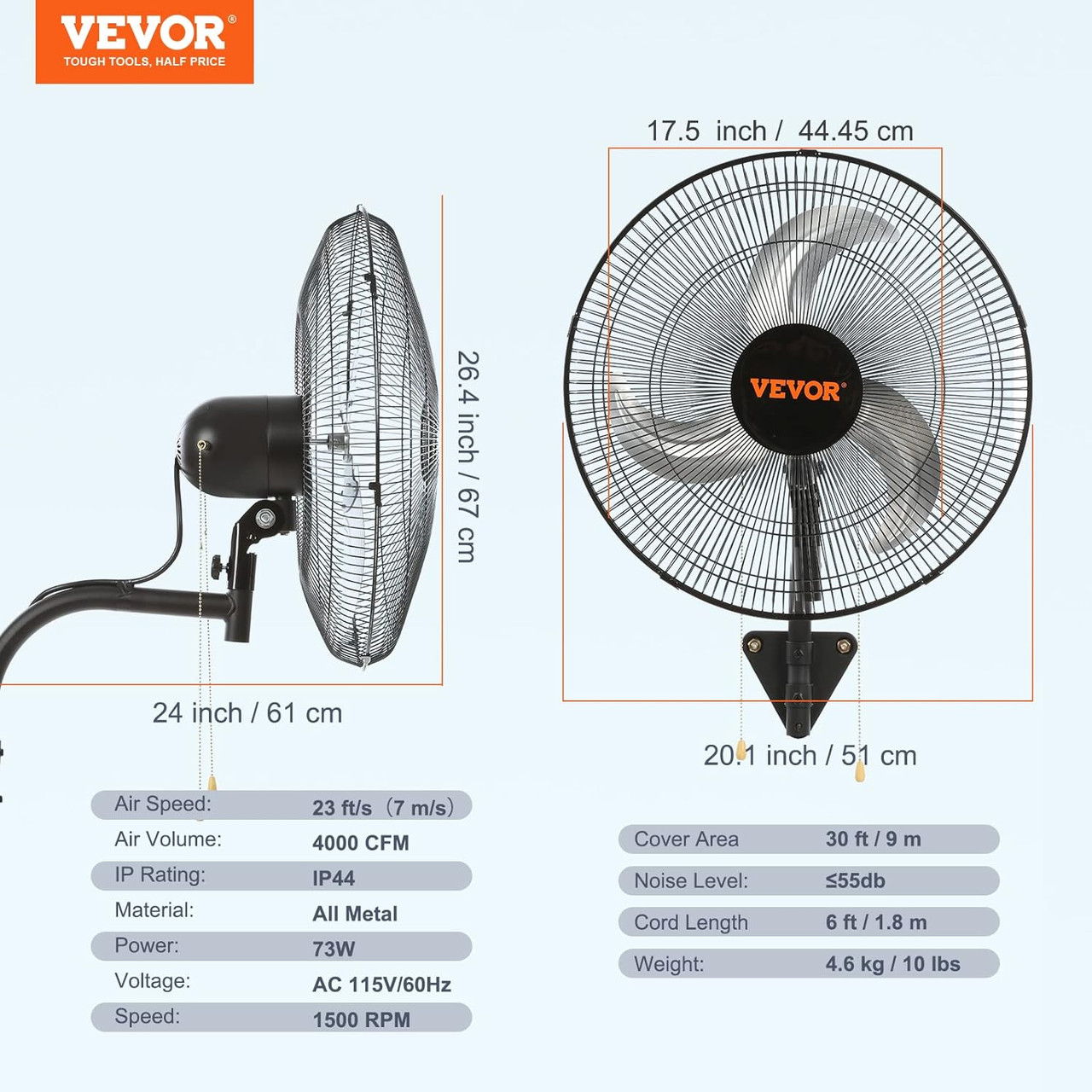 Wall-Mount Misting Fan, 30 Inch, 3-speed High Velocity Max. 9500 CFM, Waterproof Oscillating Industrial Wall Fan, Commercial or Residential for