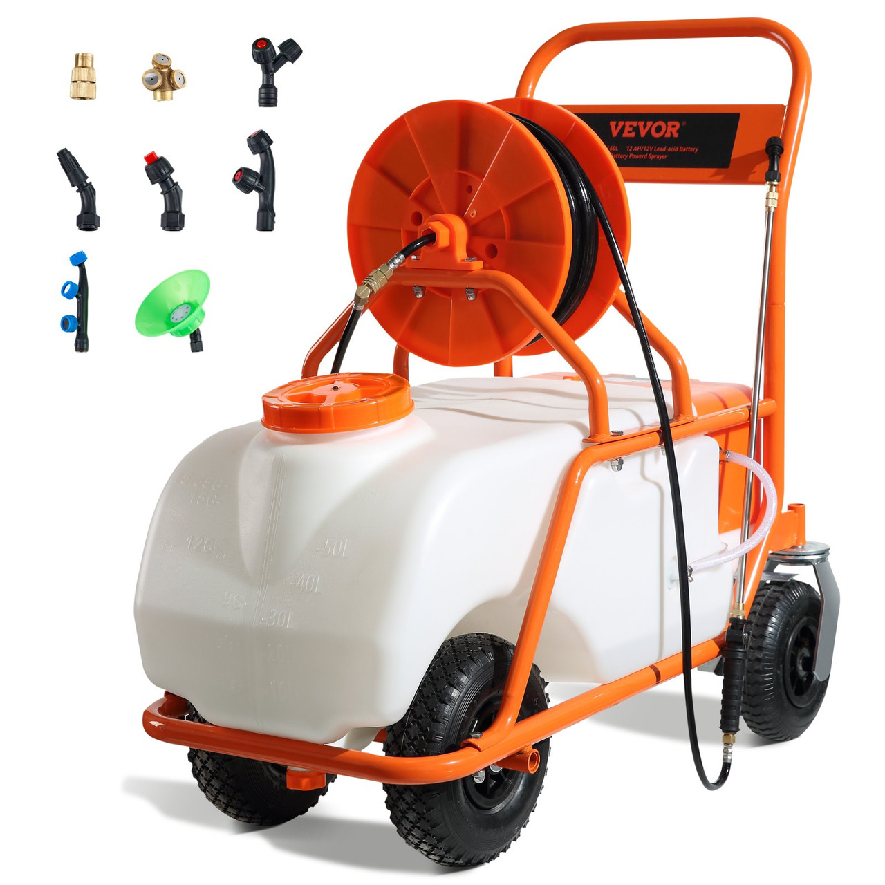 Battery Powered Lawn Sprayer on Wheel, 0-90 PSI Adjustable Pressure, 15 Gallon Tank, Cart Sprayer with 8 Nozzles and 2 Wands, 12V 12Ah Battery, Wide Mouth Lid for Weeding, Spraying